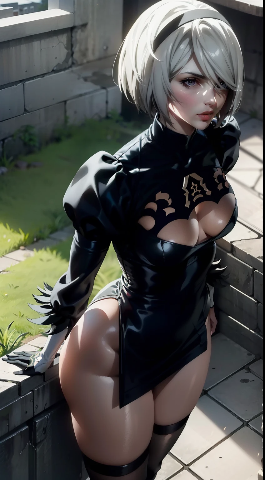 Camera from above, leans forward, Standing on the edge, stands, Camera from above, Frame from above, shapely legs, Black Short Skirt, stands on the edge of the roof, White Hair Bob, ashy hair, The eyes are covered with a bandage, Cyan eyes, black dress with a short skirt, short black skirt, neckline on the chest, black stockings, high black boots, high-heeled boots, very extremely beautiful, Small firm buttocks, Slender figure, Full-length(Body Full 1.1),Game nier automata, ruined city, The city, overgrown with plants, Ruins, high detail official illustrations, ((beautiful fantasy girl)),Red Small Breasts, Her breasts are sticking out from under her clothes, BREAK (Master Part: 1.2), Best Quality, High Resolution, photorealestic, photogenic, Unity 8k壁纸, (illustartion: 0.8), (Beautiful detailed bluish-gray eyes: 1.6), extremely detailed face, perfect lighting, extremely detailed CGI , (perfect arms, perfect anatomy), A girl with perfect breasts, beatiful face, master study, intricate details, Detalhes realistas, the anime, (Based on nier automata) the perfect body, The Perfect Girl, perfect details, Ultra HD |, 8K, Professional photo, Anime Style 2B,
