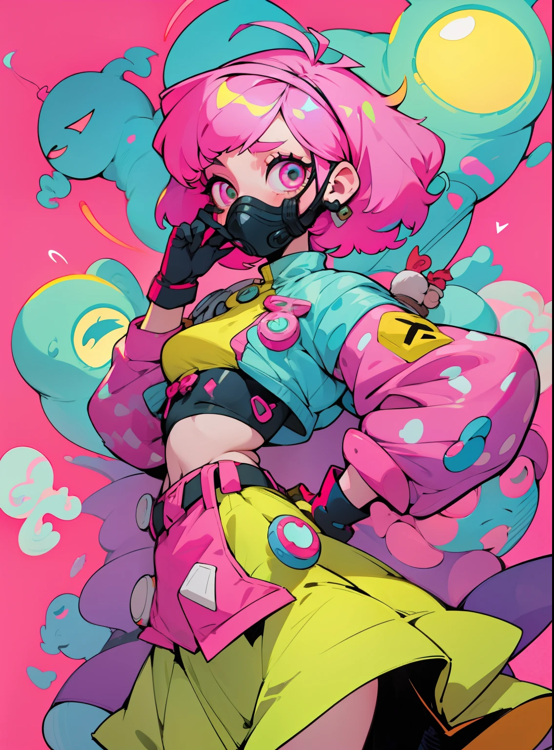 kpop girl with short nice fadecut pink hair, colorful glowing gass mask, lots of shapes attatched everywhere, random shapes mostly triangle, yellow skirt with polcadots, red gloves, and an 2 antena headband