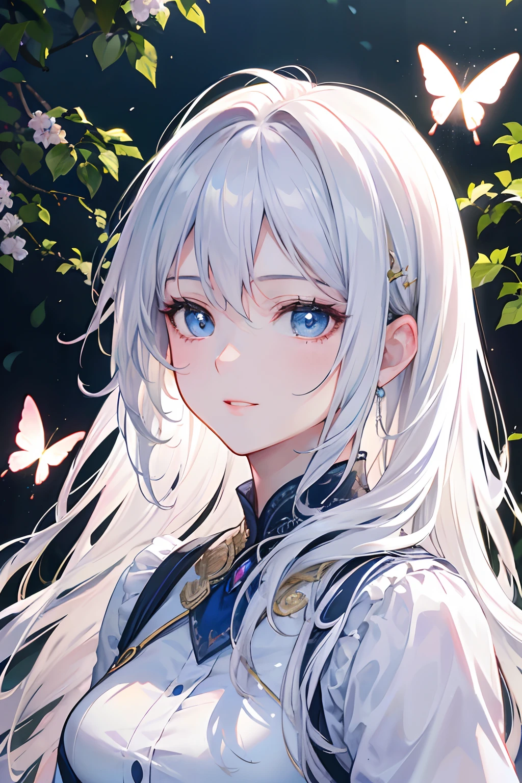 Anime girl with long white hair and blue eyes standing in front of a ...