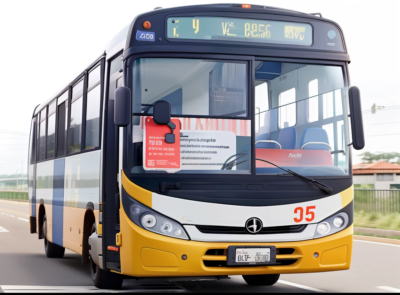 Um onibus em alta velocidade, na estrda, rodeado por varias pessoas