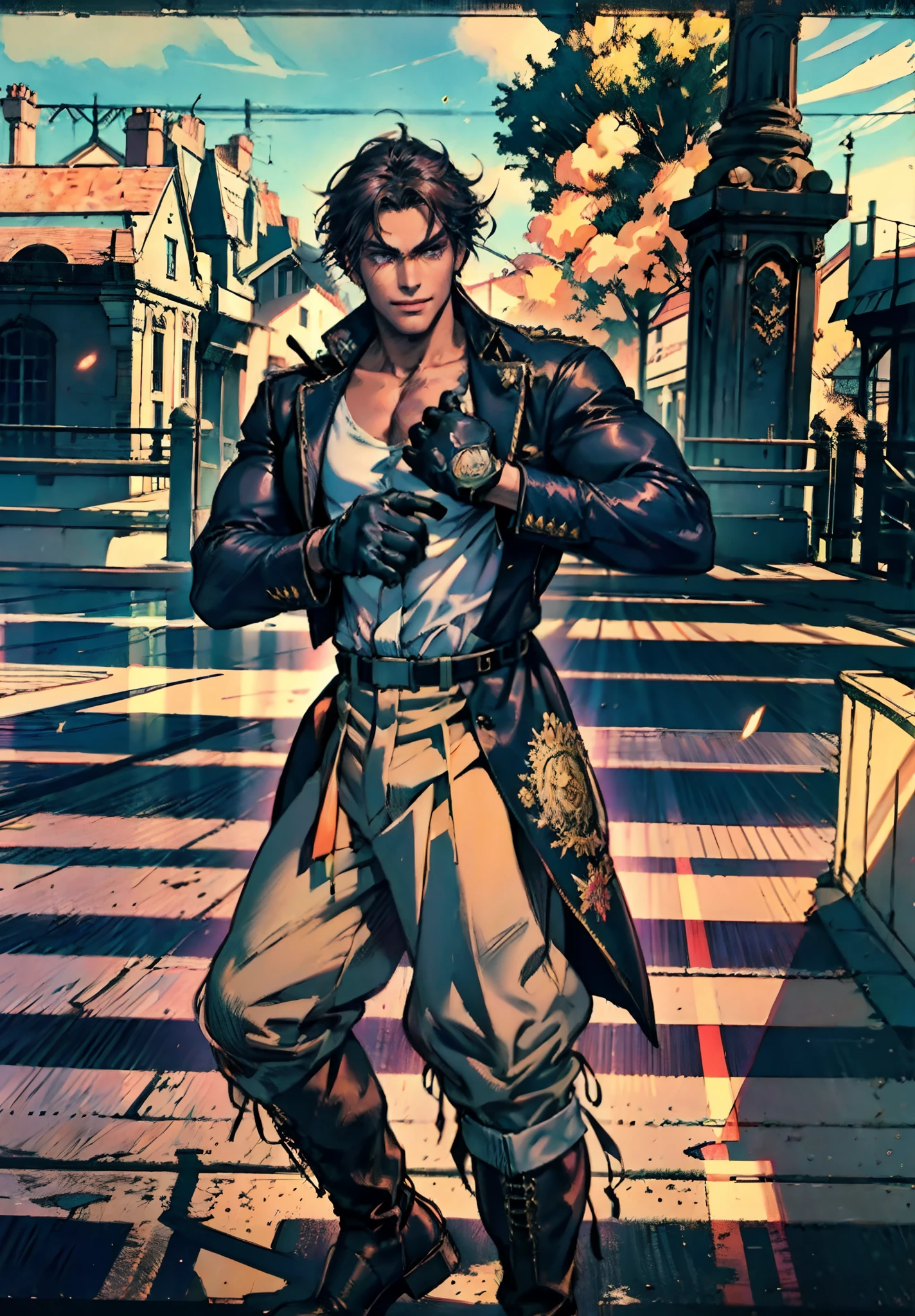 A young man, auburn hair, a center-parted back hairstyle, dark skin, narrow eyes, a cunning smile, a two-piece fantasy-reality style outfit, a white undershirt, a dark formal-style coat, wearing gloves, matching trousers with the outfit, has metallic-adorned knee-high boots, striking a boxing pose, against a background of horizon, this character embodies a finely crafted fantasy-reality style fighter in anime style, characterized by an exquisite and mature manga illustration art style, high definition, best quality, highres, ultra-detailed, ultra-fine painting, extremely delicate, professional, anatomically correct, symmetrical face, extremely detailed eyes and face, high quality eyes, creativity, RAW photo, UHD, 8k, Natural light, cinematic lighting, masterpiece-anatomy-perfect, masterpiece:1.5, tan skin