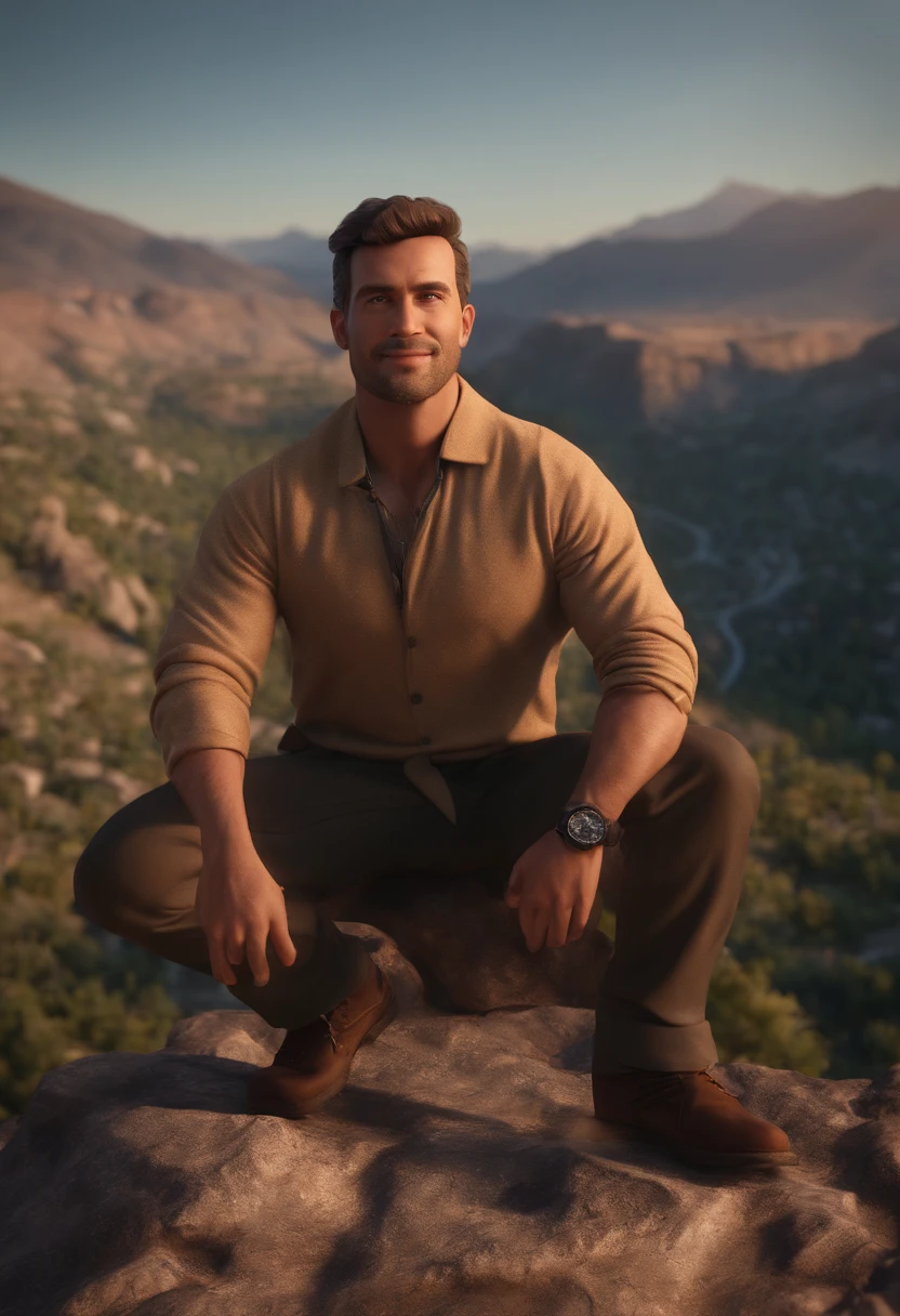 , arafed man standing on a wooden platform overlooking a city, a picture by Matthew Smith, instagram, happening, with mountains in the background, with mountains in background, standing in front of a mountain, with a city in the background, with mountains as background, standing on top of a mountain, standing on a mountain top, full body picture, Standing on Mountain Animation, Caractere estilizado, animation style rendering, 3D estilizado, Arnold Maya render, 3 d render stylized, toon render keyshot, PersonagePersonagem 3D, 3d rendering stylized, 3 d character render, personagem de desenho animado, Personagem de close up, Pose de personagem,  (Estilo Pixar) (master part:1.2) (Bokeh) (best quality) (pele detalhada) (textura detalhada) (8k) (argila) (Cinematic lighting) (foco nítido