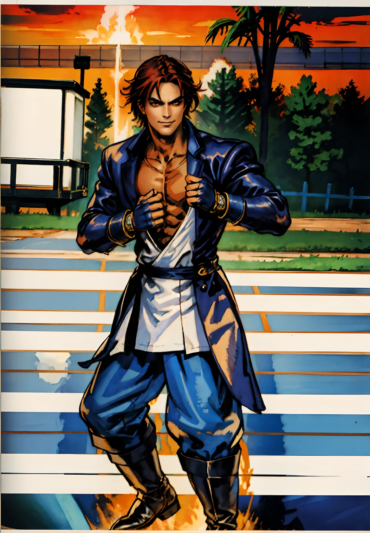 A young man, auburn hair, a center-parted back hairstyle, dark skin, narrow eyes, a cunning smile, a two-piece fantasy-reality style outfit, a white undershirt, a dark formal-style coat, wearing gloves, matching trousers with the outfit, has metallic-adorned knee-high boots, striking a boxing pose, against a background of horizon, this character embodies a finely crafted fantasy-reality style fighter in anime style, characterized by an exquisite and mature manga illustration art style, high definition, best quality, highres, ultra-detailed, ultra-fine painting, extremely delicate, professional, anatomically correct, symmetrical face, extremely detailed eyes and face, high quality eyes, creativity, RAW photo, UHD, 8k, Natural light, cinematic lighting, masterpiece-anatomy-perfect, masterpiece:1.5, tan skin