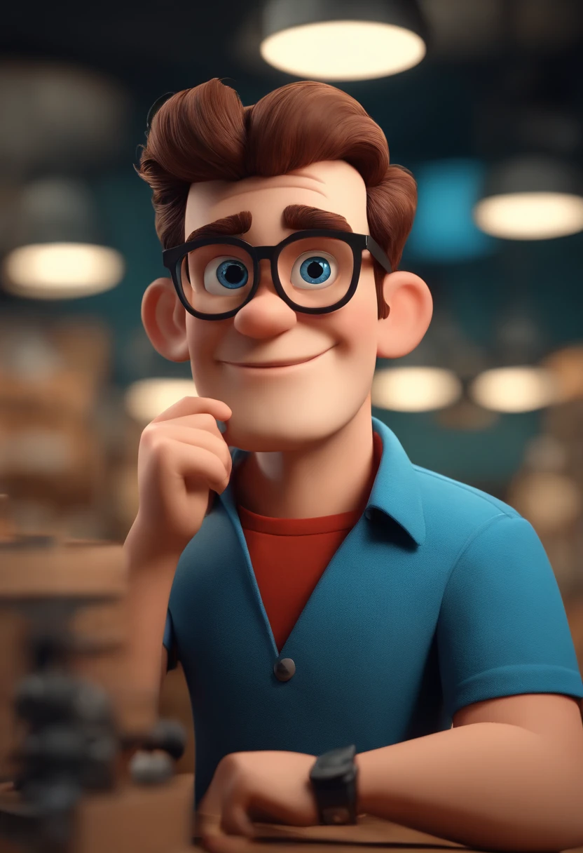 Cartoon character of a man with black glasses and a blue shirt, Working in an Optical Shop! animation character, Caractere estilizado, animation style rendering, 3D estilizado, Arnold Maya render, 3 d render stylized, toon render keyshot, Personagem 3D, Personagem 3D, 3d rendering stylized, 3 d character render, personagem de desenho animado, Personagem de close up, Pose de personagem,  (Estilo Pixar) (master part:1.2) (Bokeh) (best quality) (pele detalhada) (textura detalhada) (8k) (argila) (Cinematic lighting) (foco nítido