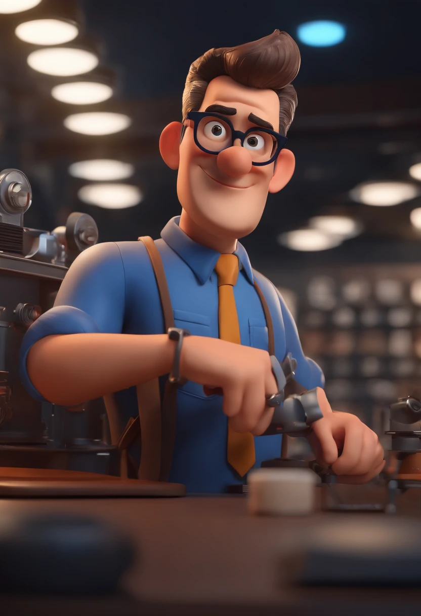 Cartoon character of a man with black glasses and a blue shirt, Working in an Optical Shop! animation character, Caractere estilizado, animation style rendering, 3D estilizado, Arnold Maya render, 3 d render stylized, toon render keyshot, Personagem 3D, Personagem 3D, 3d rendering stylized, 3 d character render, personagem de desenho animado, Personagem de close up, Pose de personagem, (Estilo Pixar) (master part:1.2) (Bokeh) (best quality) (pele detalhada) (textura detalhada) (8k) (argila) (Cinematic lighting) (foco nítido