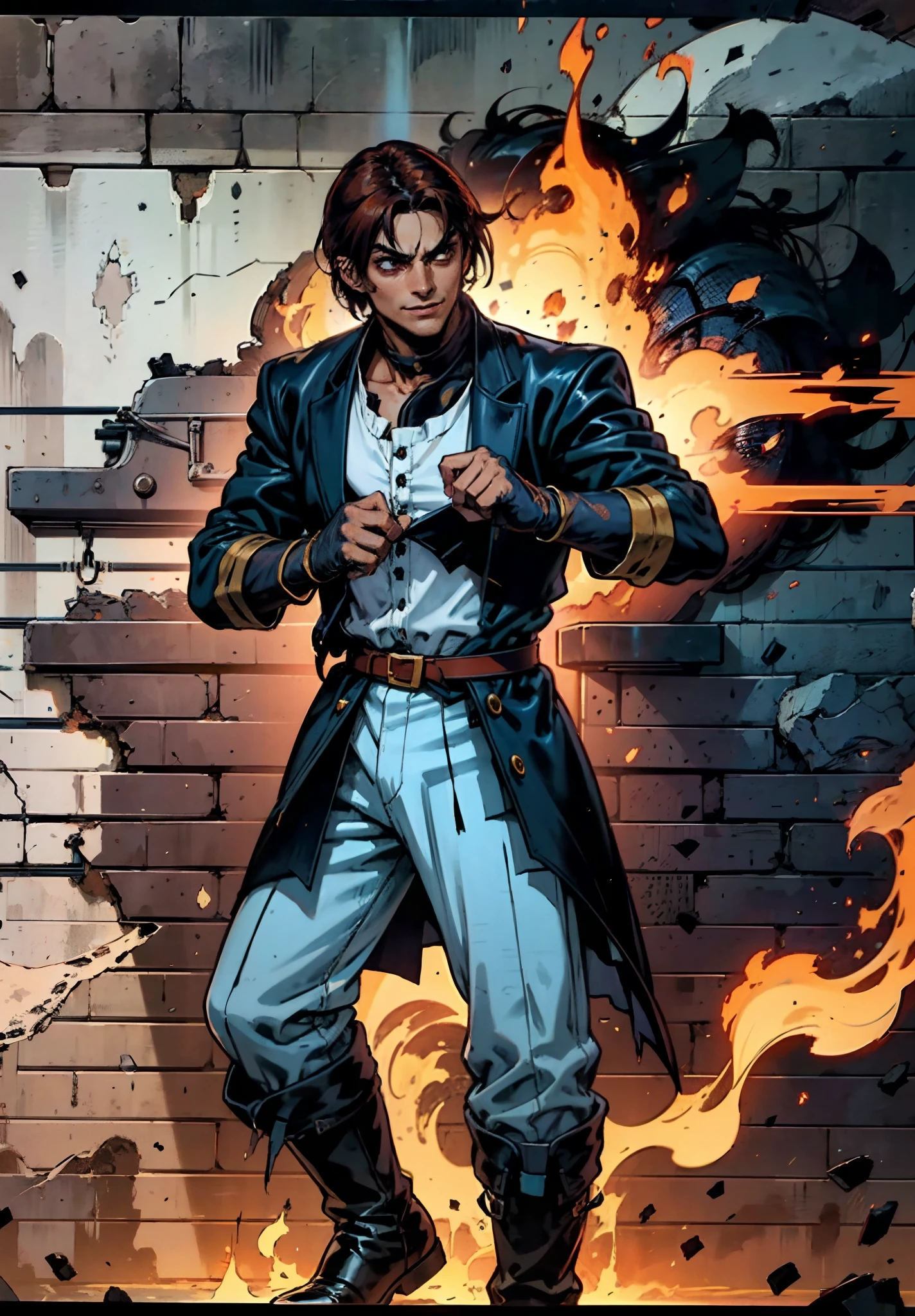 A young man, auburn hair, a center-parted back hairstyle, dark skin, narrow eyes, a cunning smile, a two-piece fantasy-reality style outfit, a white undershirt, a dark formal-style coat, wearing gloves, matching trousers with the outfit, has metallic-adorned knee-high boots, striking a boxing pose, against a background of horizon, this character embodies a finely crafted fantasy-reality style fighter in anime style, characterized by an exquisite and mature manga illustration art style, high definition, best quality, highres, ultra-detailed, ultra-fine painting, extremely delicate, professional, anatomically correct, symmetrical face, extremely detailed eyes and face, high quality eyes, creativity, RAW photo, UHD, 8k, Natural light, cinematic lighting, masterpiece-anatomy-perfect, masterpiece:1.5, tan skin