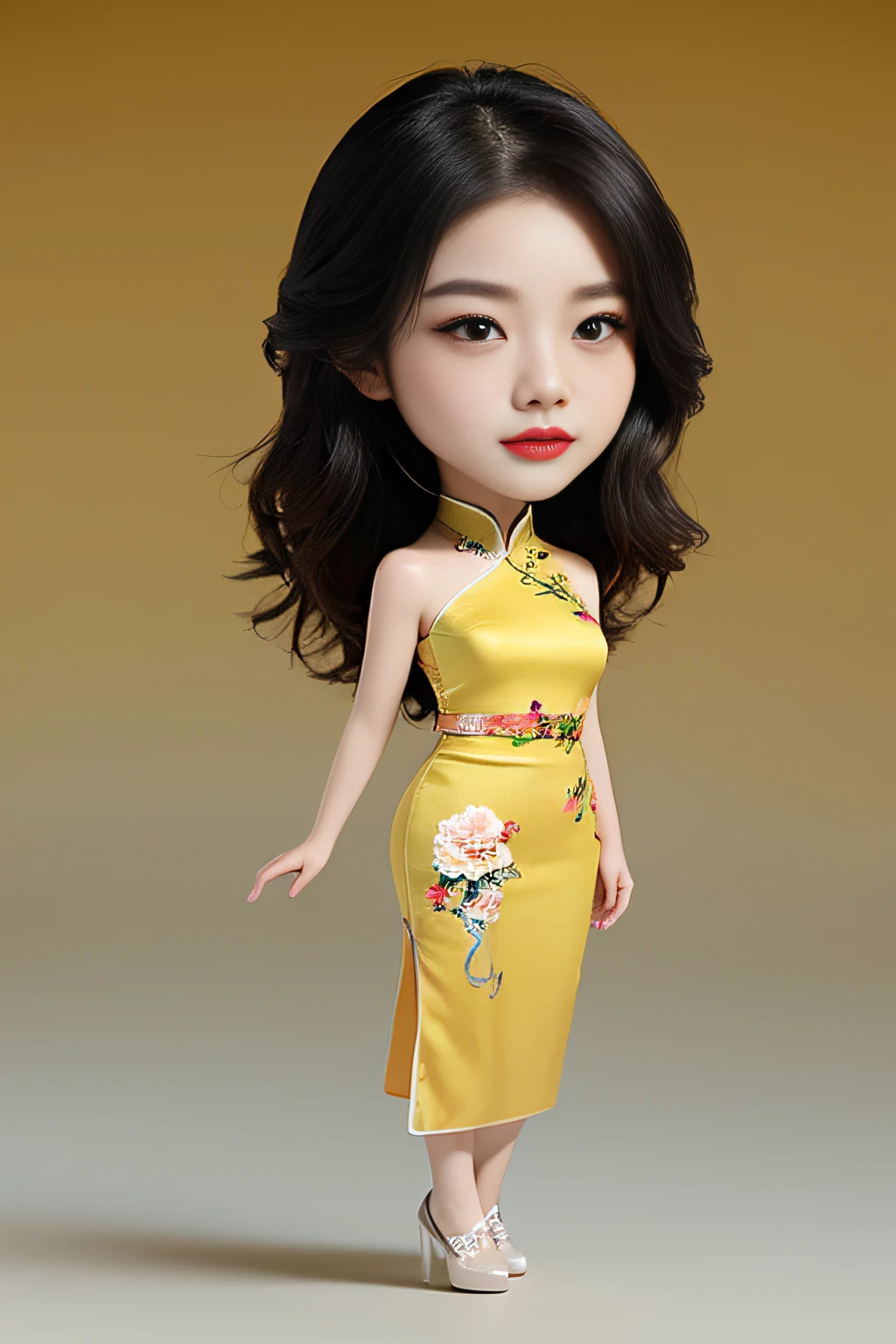 preface, Bare shoulder, (1lady:1.2), masculine, hazel eyes, medium brown scissor cut, Qipao,(full body:1.2), simple background,(deep yellow gradient background:1.1), chibi, (masterpiece, best quality:1.6)