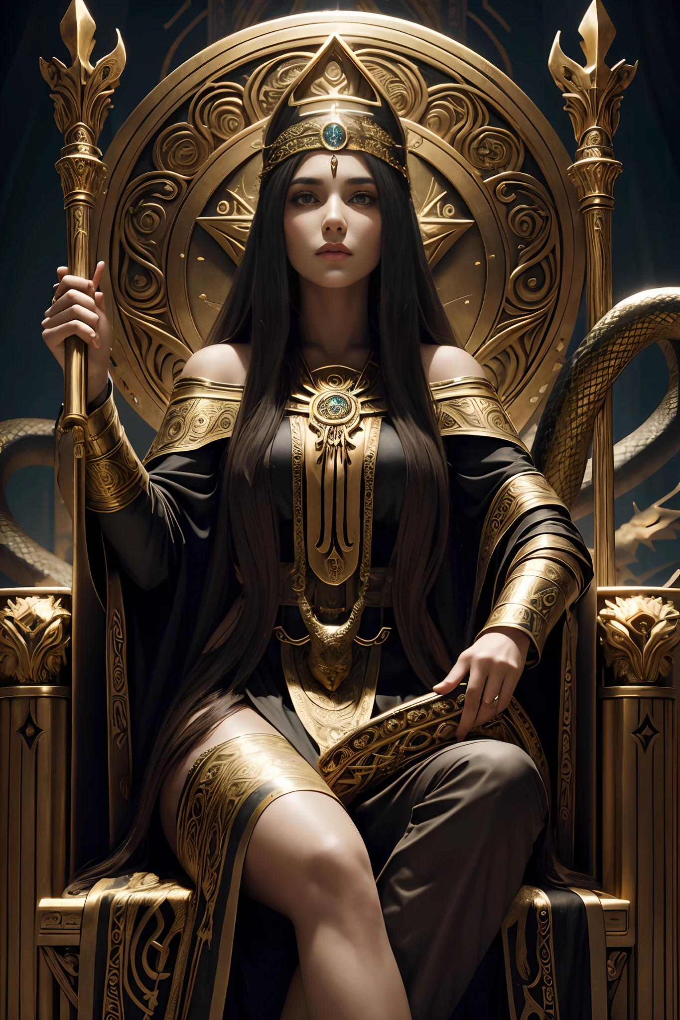 A beautiful girl long hair, with the Bronze Age, priestess-style, occultist, witch woman, sitting on a throne with a giant serpent, fantasy art
