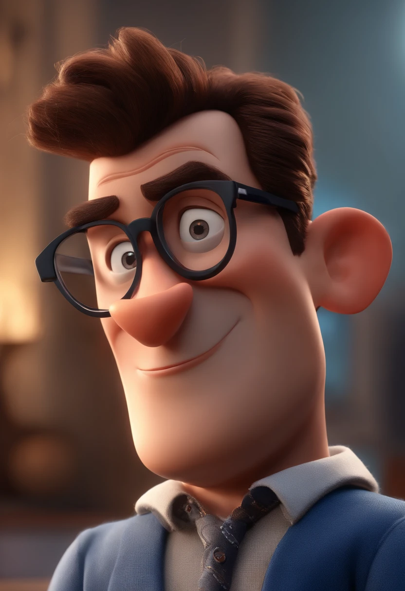Cartoon character of a man with black glasses and a blue shirt, animation character, Caractere estilizado, animation style rendering, 3D estilizado, Arnold Maya render, 3 d render stylized, toon render keyshot, Personagem 3D, Personagem 3D, 3d rendering stylized, 3 d character render, personagem de desenho animado, Personagem de close up, Pose de personagem, (Estilo Pixar) (master part:1.2) (Bokeh) (best quality) (pele detalhada) (textura detalhada) (8k) (argila) (Cinematic lighting) (foco nítido