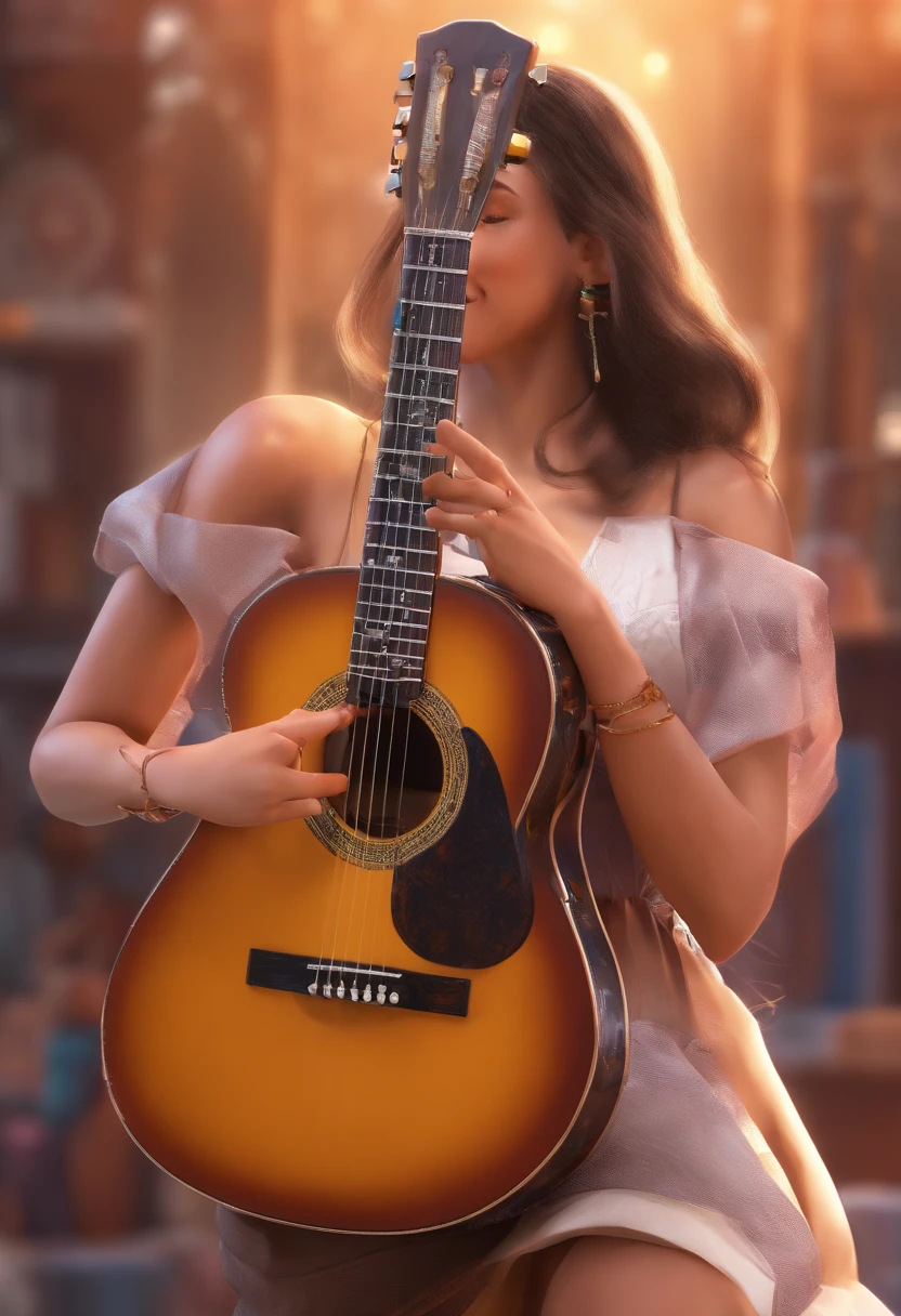 There's a woman holding a guitar and smiling at the camera, holding a guitar, holding a lute, with a happy expression, masterful composition!!!, by Amelia Peláez, album cape!, inspirado em Sunil Das, segurando guitarras, is playing a lute, Directed by: Emma Rios, inspirado em Francis Souza, Directed by: Nandor Soldier