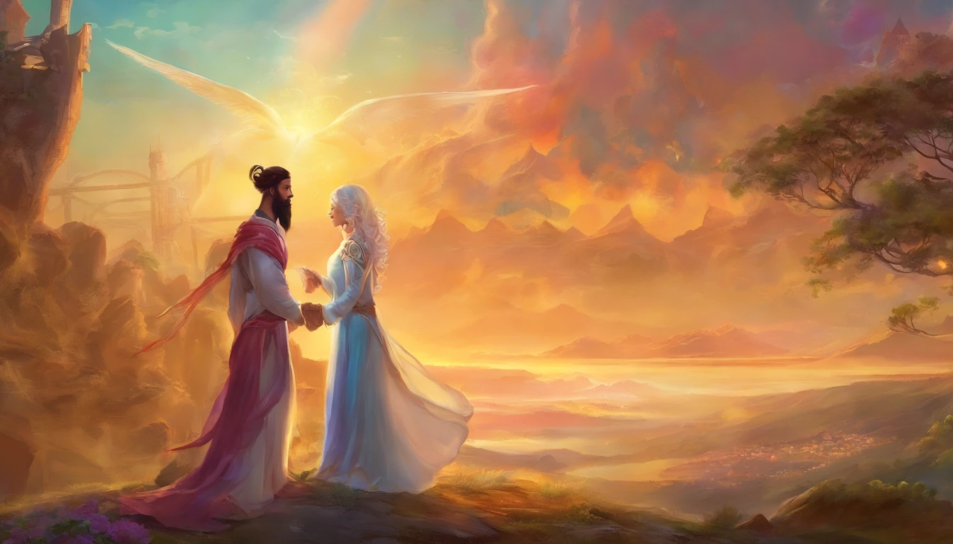 Produce an image depicting the story of Prophet Adam and Siti Hawa, focusing on the fact that they never had intimate relations in heaven. Include details that describe their presence in heaven, the clothes they wore, and the heavenly atmosphere that surrounded them.