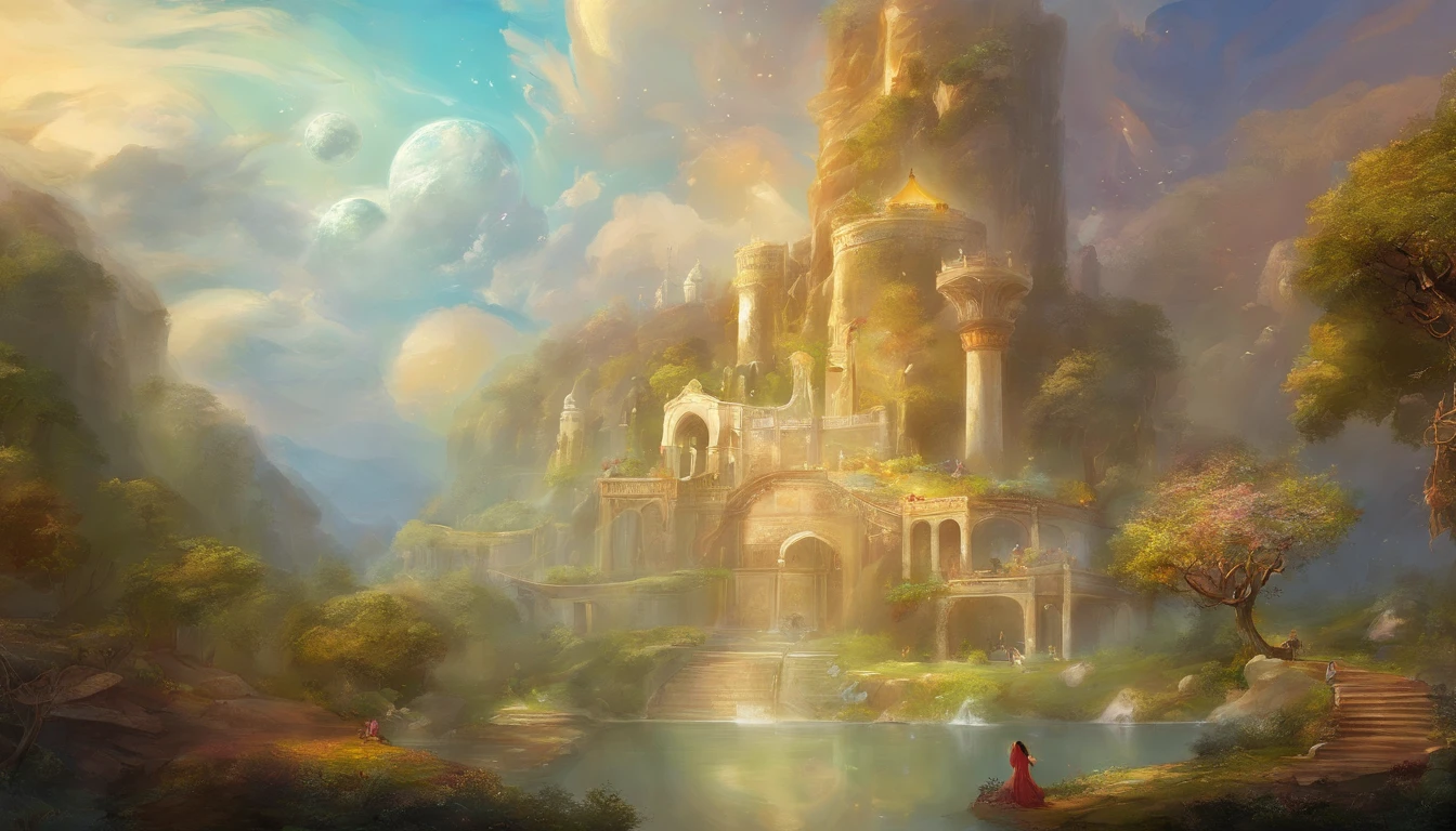 Produce an image depicting the story of Prophet Adam and Siti Hawa, focusing on the fact that they never had intimate relations in heaven. Include details that describe their presence in heaven, the clothes they wore, and the heavenly atmosphere that surrounded them.