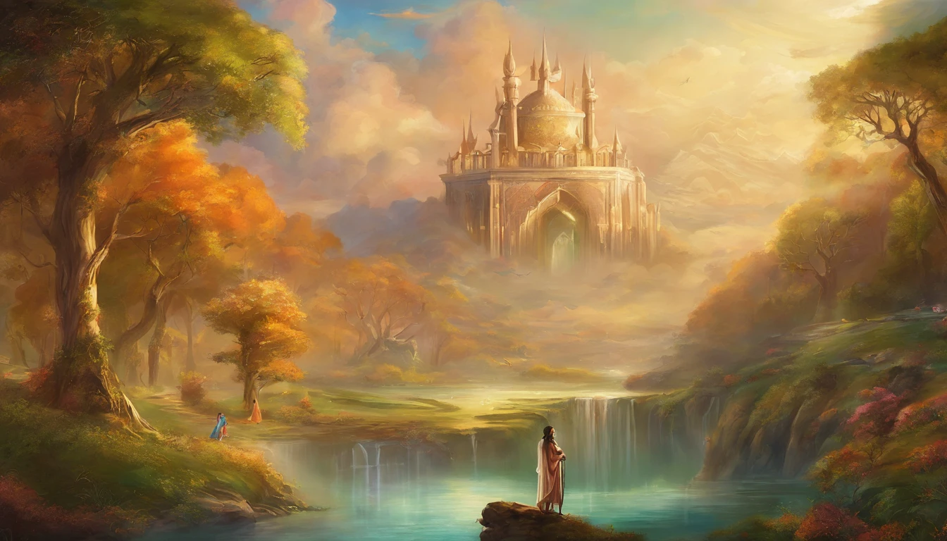 Produce an image depicting the story of Prophet Adam and Siti Hawa, focusing on the fact that they never had intimate relations in heaven. Include details that describe their presence in heaven, the clothes they wore, and the heavenly atmosphere that surrounded them.