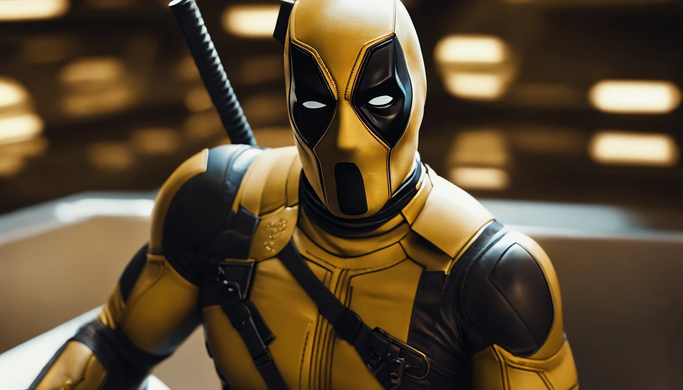A deadpool, real white and gold color with titanium cybernetic suit, detalhado, designe perfeito, alta qualidade arestas perfeitas e simmetricas ::n_desenho de estilo, low quality defect, boneco, game, anime