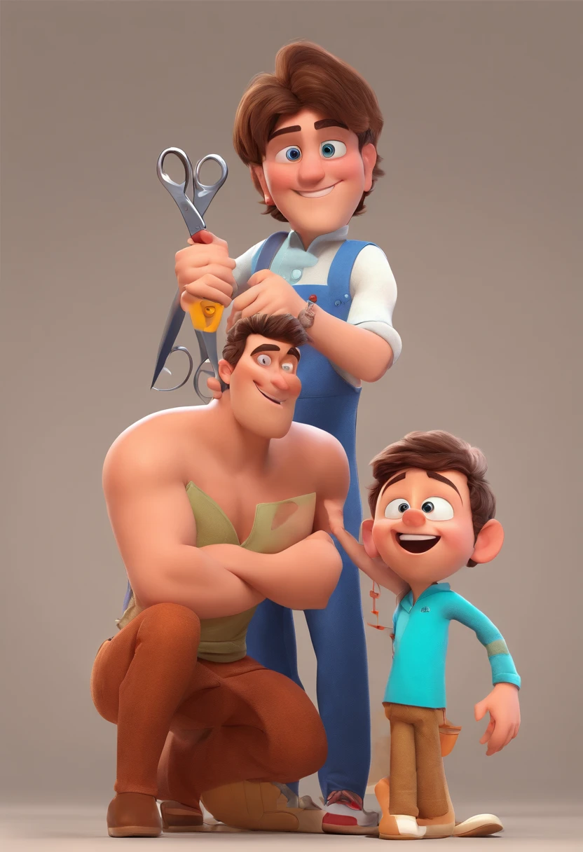 Estilo Pixar: The grown man is holding a naked blue-eyed boy and in his other hand he is holding a pair of scissors and is trying to cut off the boy's testicles,3D Poster,Disney