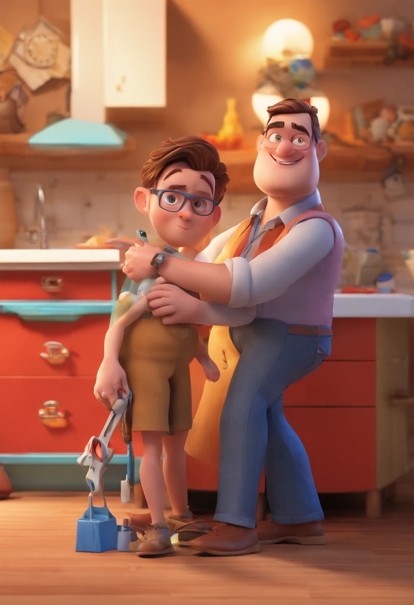 Estilo Pixar: The grown man is holding a naked blue-eyed boy and in his other hand he is holding a pair of scissors and is trying to cut off the boy's testicles,3D Poster,Disney