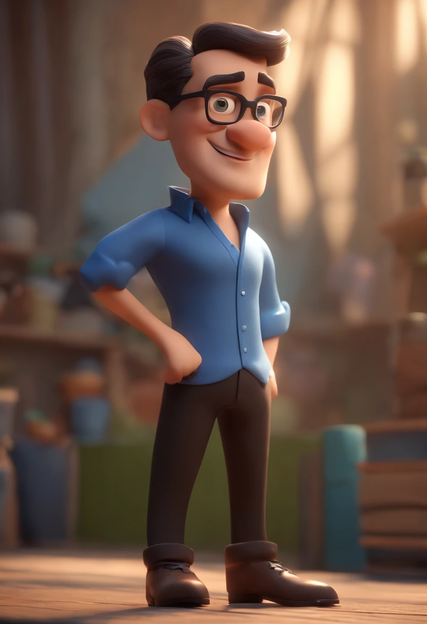 Cartoon character of a man wearing black glasses and a blue shirt, um personagem animado, Caractere estilizado, animation style rendering, 3D estilizado, Arnold Maya render, 3 d render stylized, toon render keyshot, Personagem 3D, Personagem 3D, 3d rendering stylized, 3 d character render, personagem de desenho animado, Personagem de close up, Pose de personagem, (Estilo Pixar) (master part:1.2) (Bokeh) (best quality) (pele detalhada) (textura detalhada) (8k) (argila) (Cinematic lighting) (foco nítido,Senta e vaza a parte superior do corpo