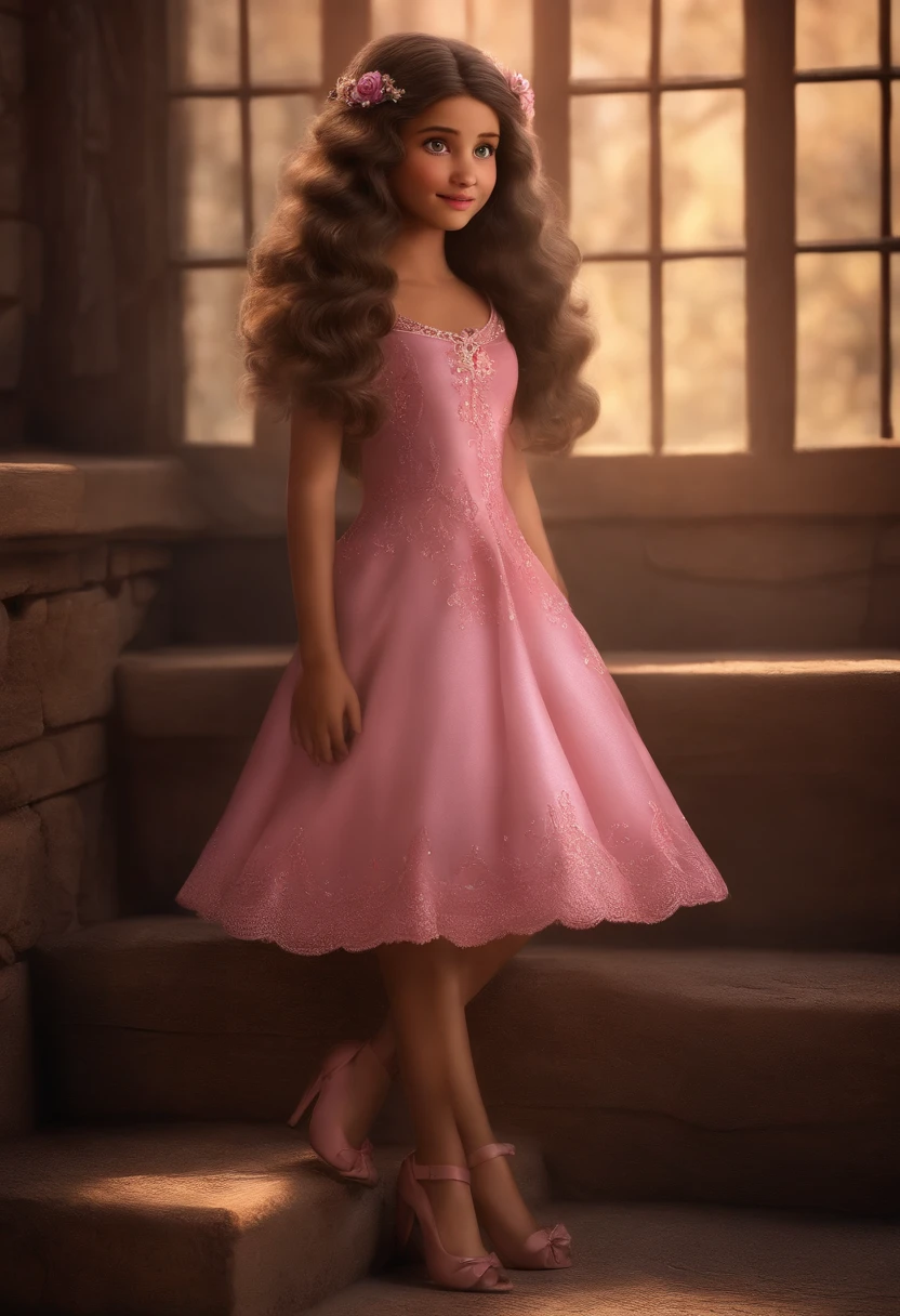 Clinayari San uma menina de 13 anos de idade cabelo preto andulado olhos marrom roupa vestido rosa com o fundo de ceu com nuvens,She doesn't know how she became an orphan, so she wants to know what her origin is like and the name of the movie is Clinayari and her pixar Disney origin