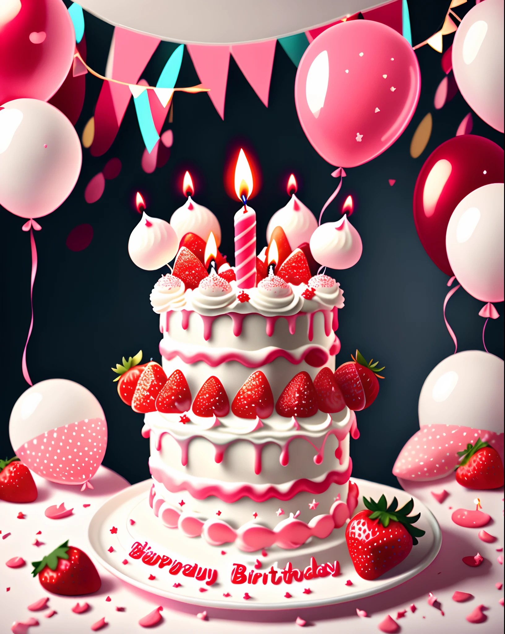 Birthday party,Delicious birthday cake,Strawberry cake,White cream,delicious,Lit birthday candles,balloons,Dark simple background,Best quality,highly details,8k