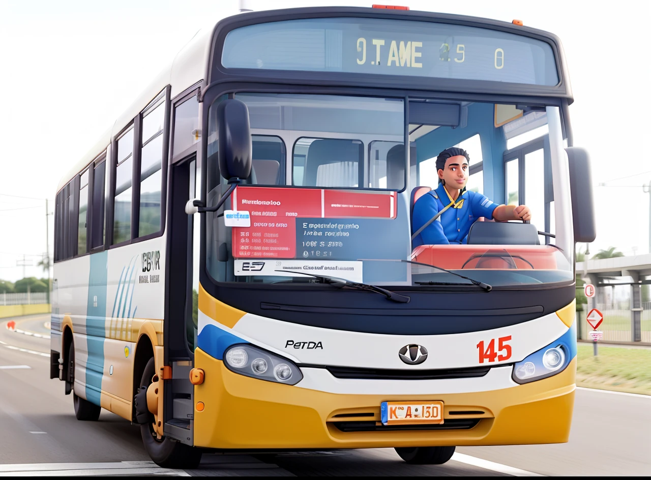 Um onibus em alta velocidade, na estrda, rodeado por varias pessoas