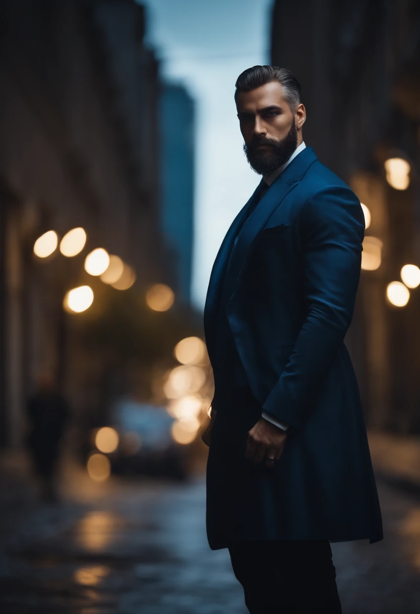 (Homem cyberpunk em roupas elegantes), (com um longo, barba cheia,) (olhos azuis) (retrato) Beautiful and serious appearance, Cabelo azul escuro, Elegante e elegante, e camiseta de corpo forte, (Realista e de alta qualidade), ((best quality, 8k, piece of master).