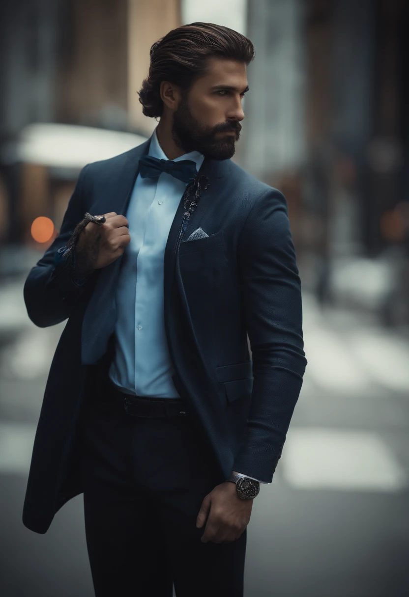 (Homem cyberpunk em roupas elegantes), (com um longo, barba cheia,) (olhos azuis) (retrato) Beautiful and serious appearance, Cabelo azul escuro, Elegante e elegante, e camiseta de corpo forte, (Realista e de alta qualidade), ((best quality, 8k, piece of master).