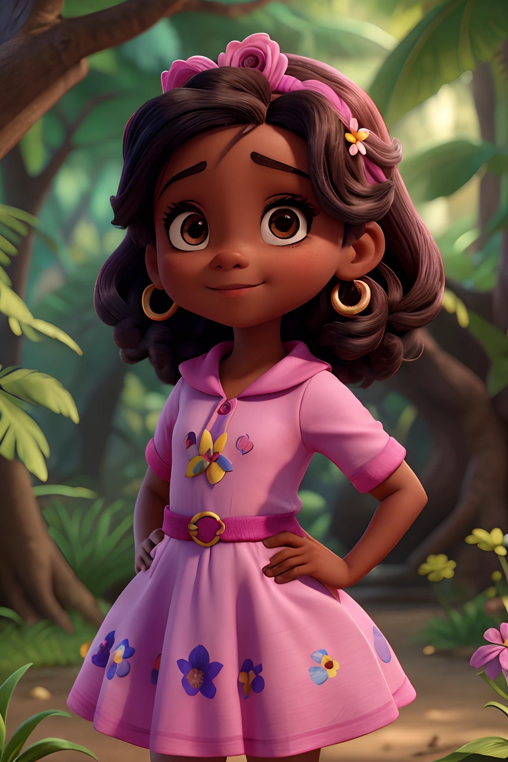 Capa de filme estilo Disney, uma preta com olhos castanhos, pele escura e cabelo andulado que tinha uma vestido rosa em um floresta com o fundo de flores