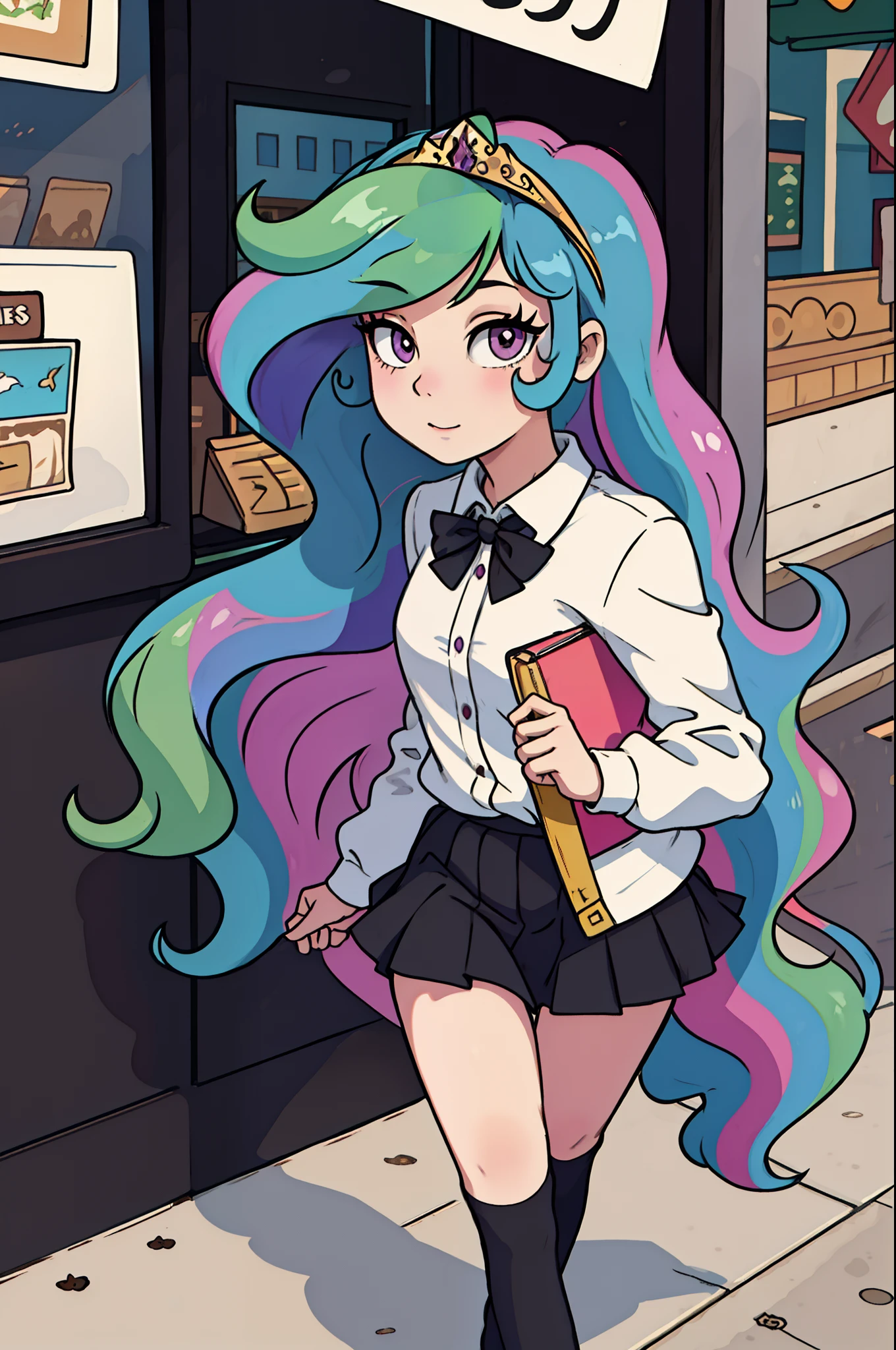 (from front), walking princess_celestia wearing a black school uniform, looking away, scene is city street, masterpiece, best quality