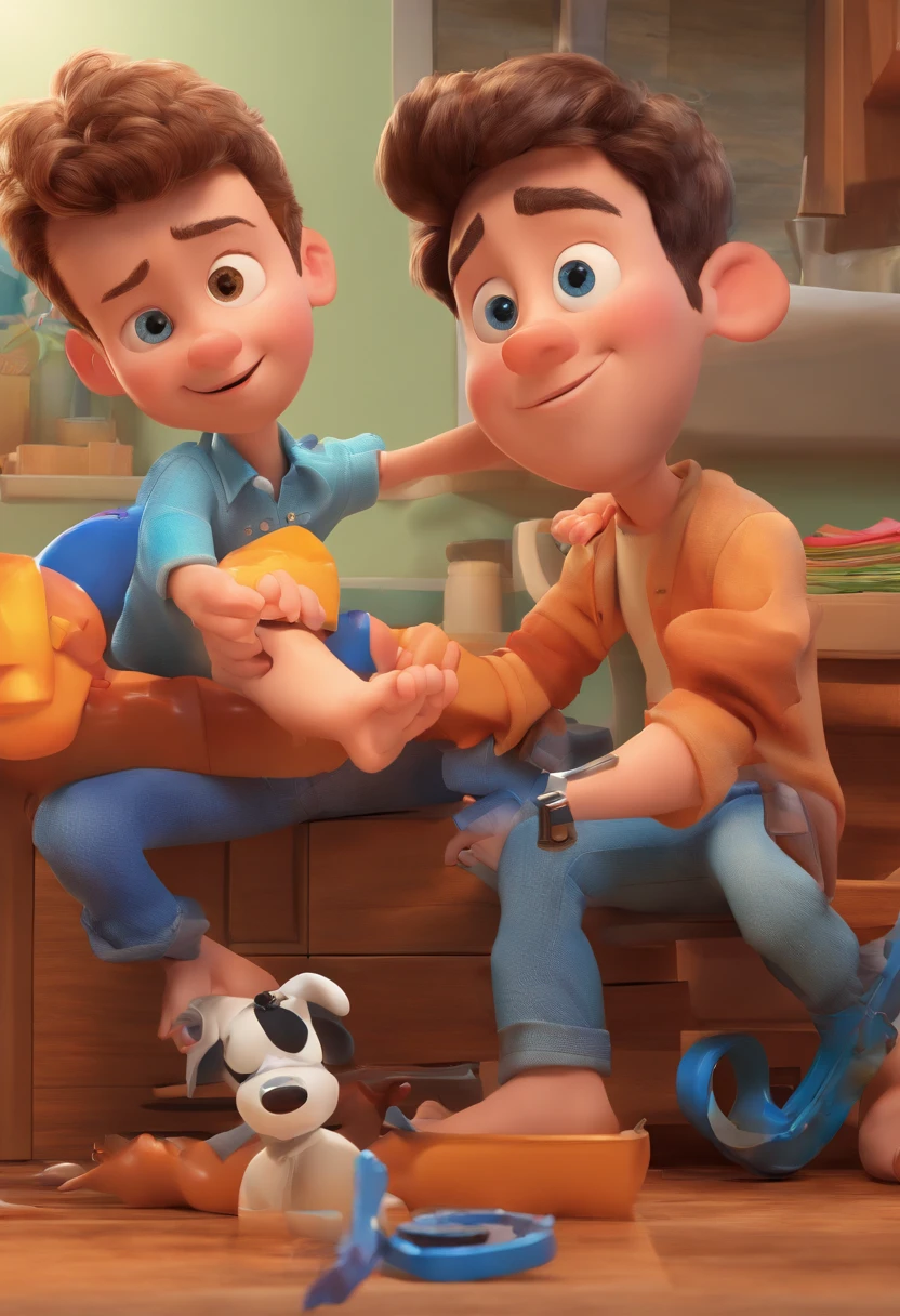 Estilo Pixar: The grown man is holding a naked blue-eyed boy and in his other hand he is holding a pair of scissors and is trying to cut off the boy's testicles,3D Poster,Disney