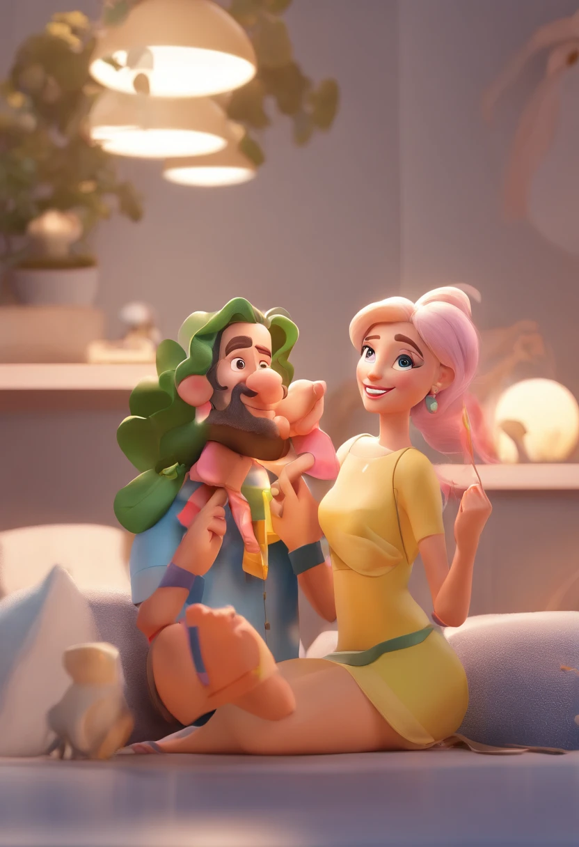 An illustration of an adorable couple, Destacando um homem e uma mulher com beleza, Expressive eyes – the man's hair is bald and brown and he has a full beard, While the woman's hair is tied up in a bun and blonde. They are a bright space, Todos com um sorriso no rosto, e compartilhe um momento especial, That is marked by love, viagem, and pedagogical insights. Ilustre esta cena a partir de uma perspectiva, where they're facing away from the camera, Show Your Connection. Desenvolva esta arte em Full HD, Focus on your cinematic touch, Estilo Disney Pixar Animations
