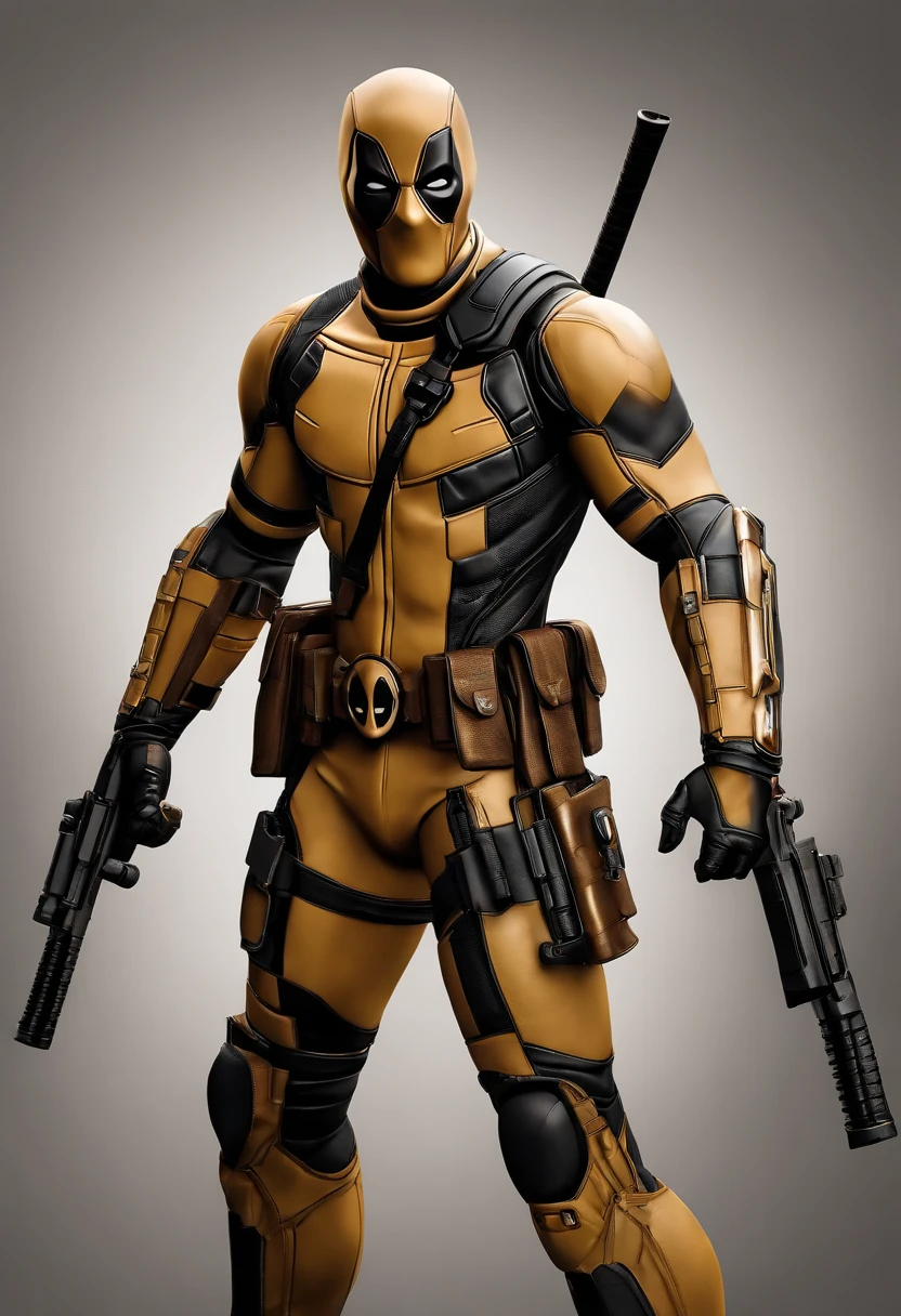 A deadpool, real white and gold color with titanium cybernetic suit, detalhado, designe perfeito, alta qualidade arestas perfeitas e simmetricas ::n_desenho de estilo, low quality defect, boneco, game, anime