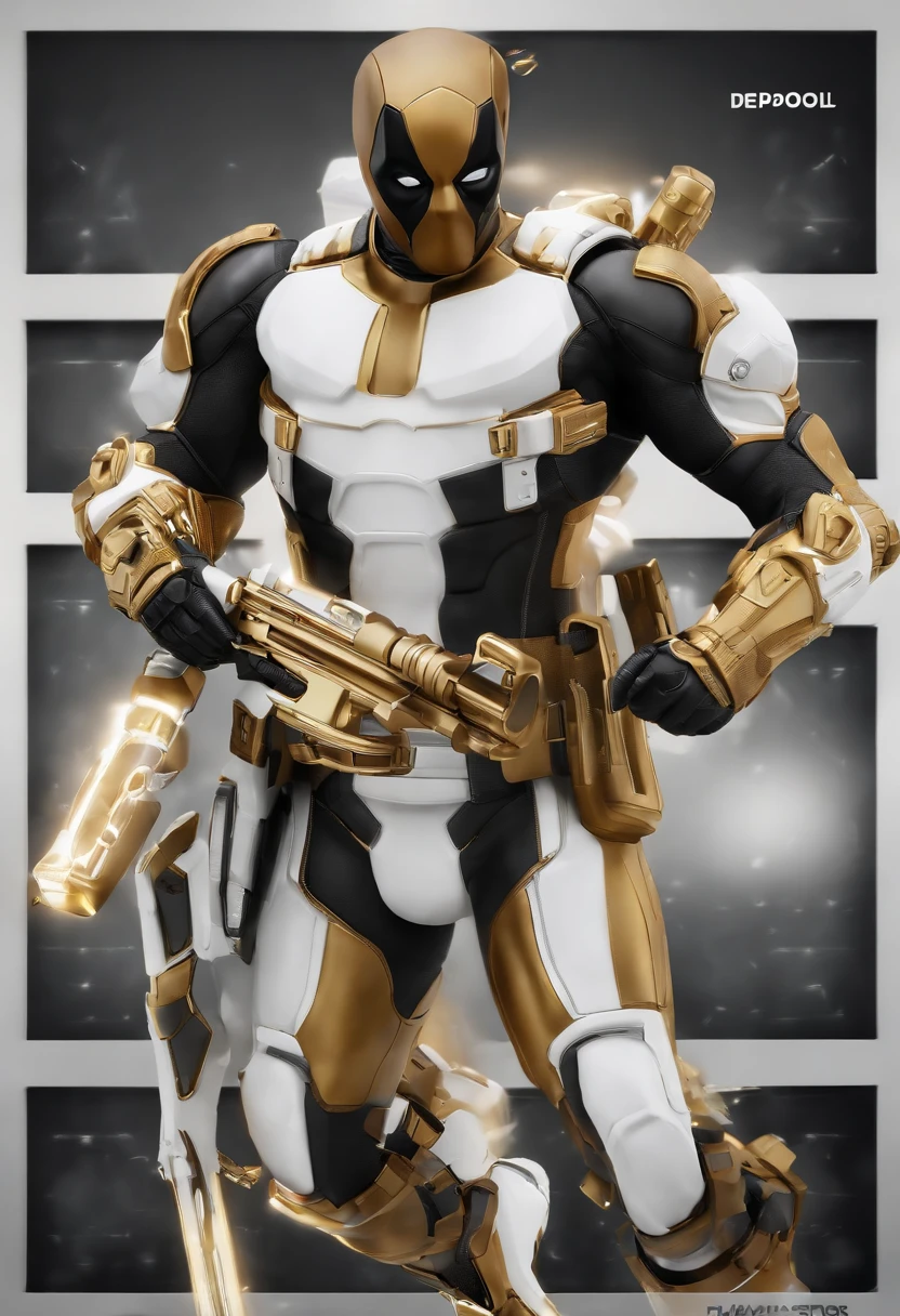 A deadpool, real white and gold color with titanium cybernetic suit, detalhado, designe perfeito, alta qualidade arestas perfeitas e simmetricas ::n_desenho de estilo, low quality defect, boneco, game, anime
