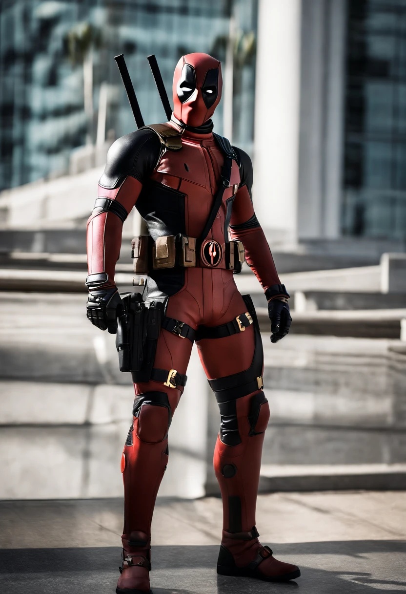 Complete image of the male character Deadpool with a wedding dress and his wedding veil in a realistic version and that the image is composed of his full body and the character in full body and the wedding costume