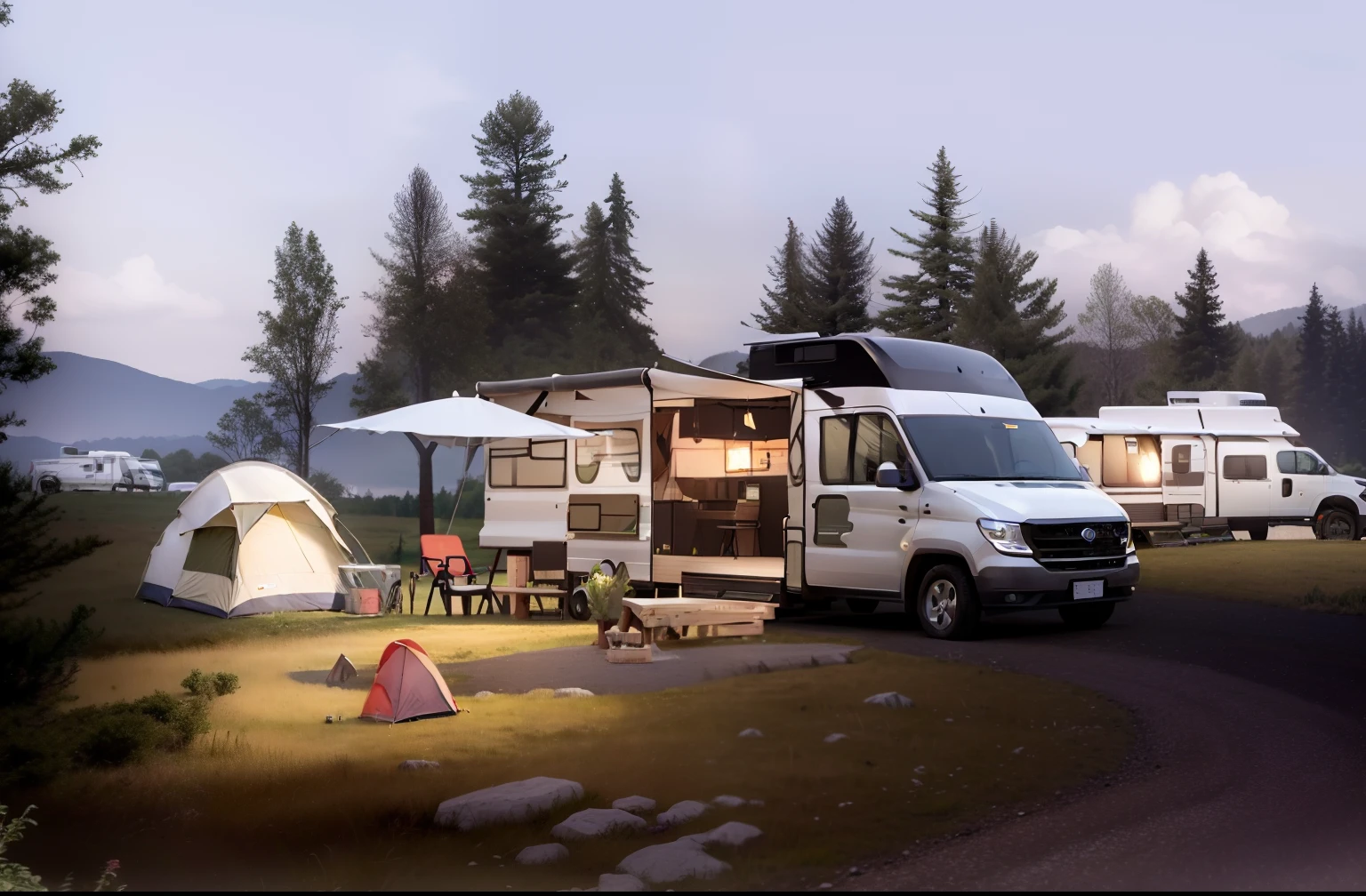 Close-up of a camper parked in a field near a forest, camping, glamping, luxurious environment, Chiba Yuda, LuxuryLifestyle, Next to the RV, in a scenic background,Realistic Unreal Engine peaceful environment，Car camp，camp，Car camp，