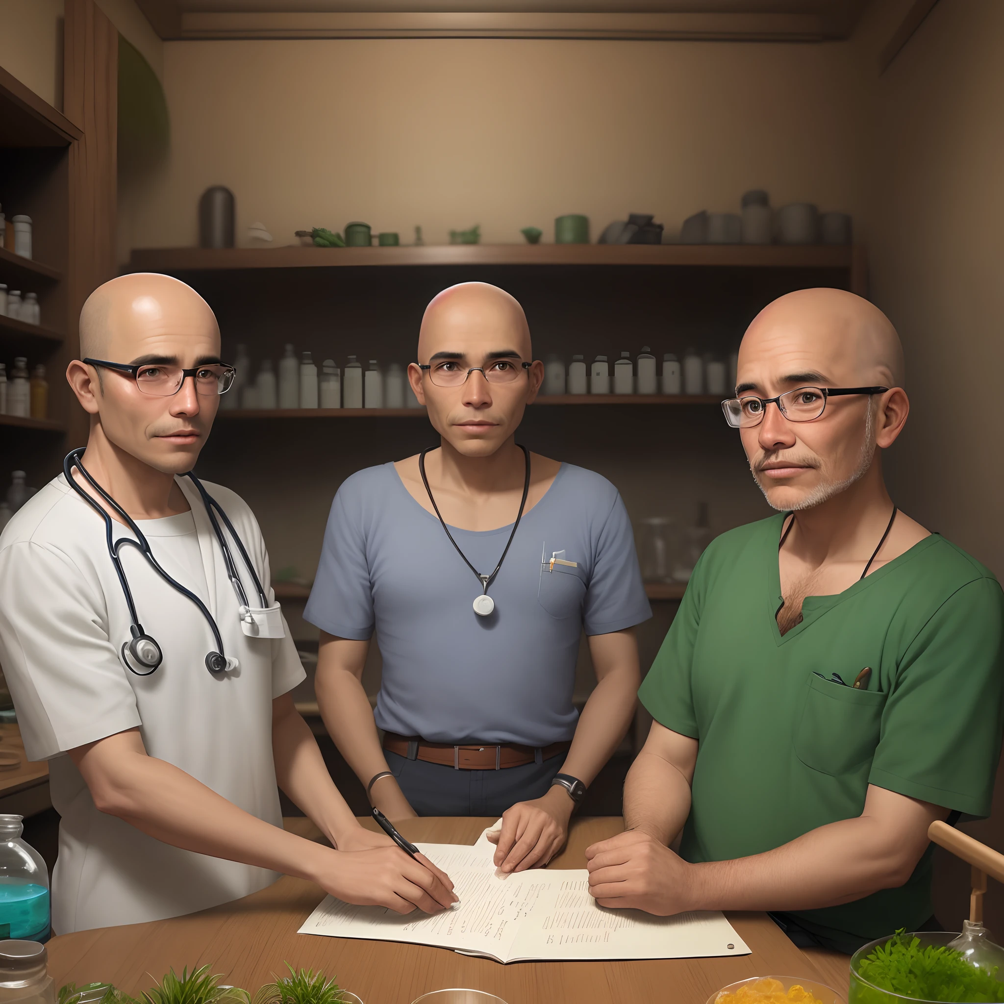 A man of 1.86 meters, white skin, very short and curly hair, bald, wears glasses, researches medicinal plants in the Caatinga biome and in the laboratory. 40 years old. in the image must have indigenous people and workers from the hinterland of Brazil. The image has to have the title, Dr. Thiago Araújo and the search for new medicines. The format is from a Disney Pixar movie poster