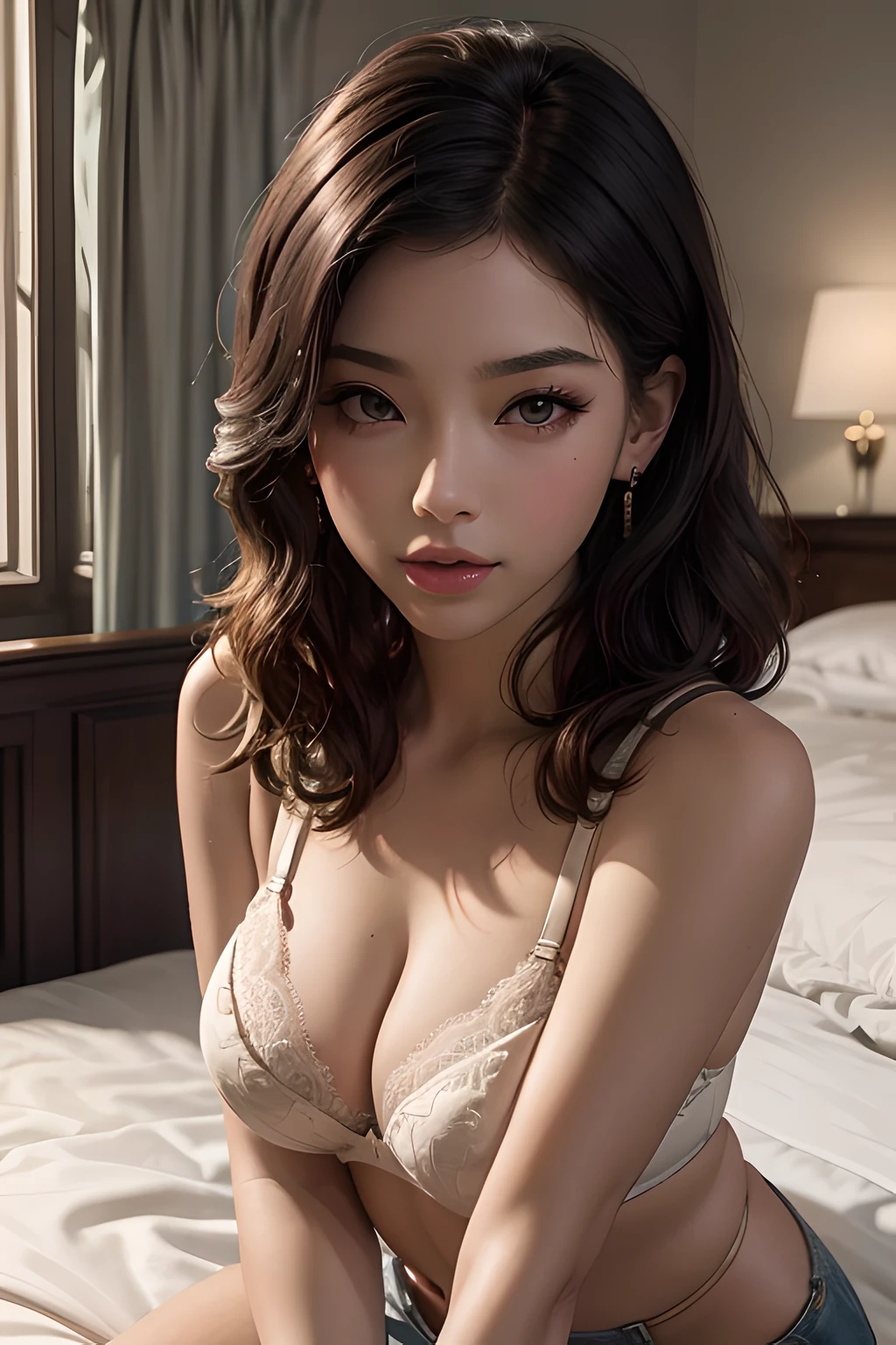 a beautiful lady, 22 year, attractive, sexy, tempting, tantalizing, seductive, wearing lace push up bra with high-waisted shorts, earrings, lying face down, volumetric light, bedroom background, 8k, intricately detailed, UHD