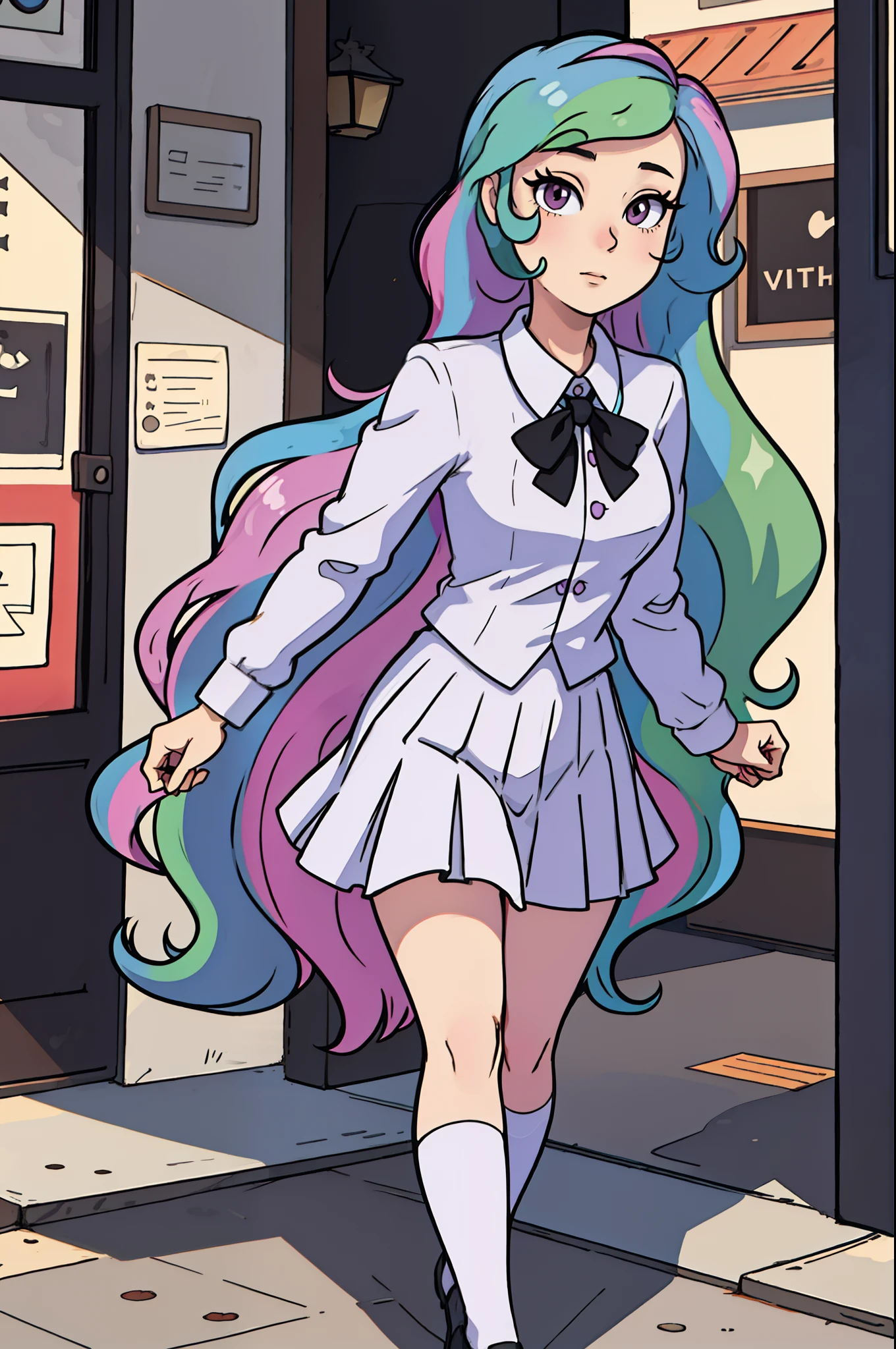 (from front), walking princess_celestia wearing a black school uniform, looking away, scene is city street, masterpiece, best quality