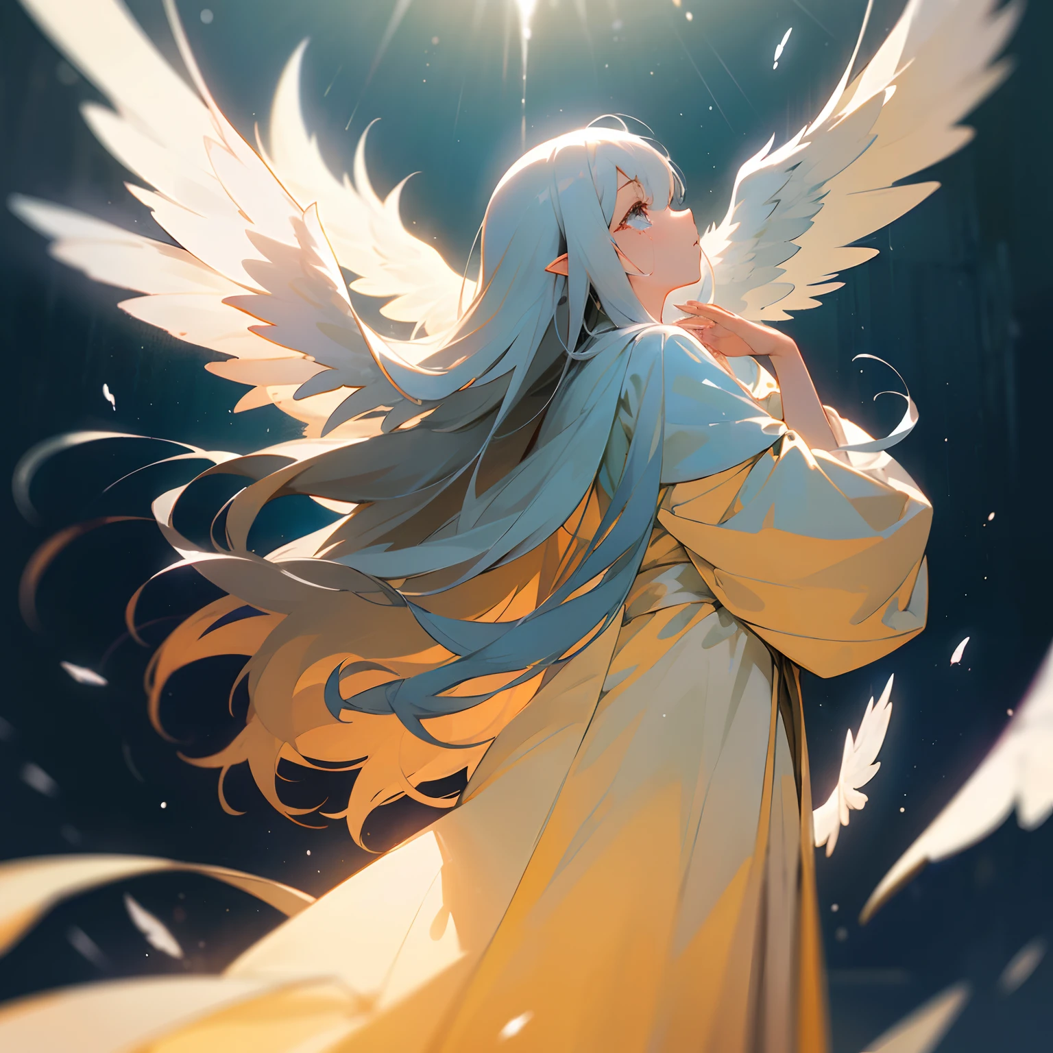 (​masterpiece、top-quality)、Standing in a dark place、1 angel girl with long white hair、look up to、wingspan、Put your hands under your chin、Large wings、Praying、is crying、Crying face、dark ilumination、cold lighting、robe blanche、blurred foreground、angelicales、Looking up、profile、from side