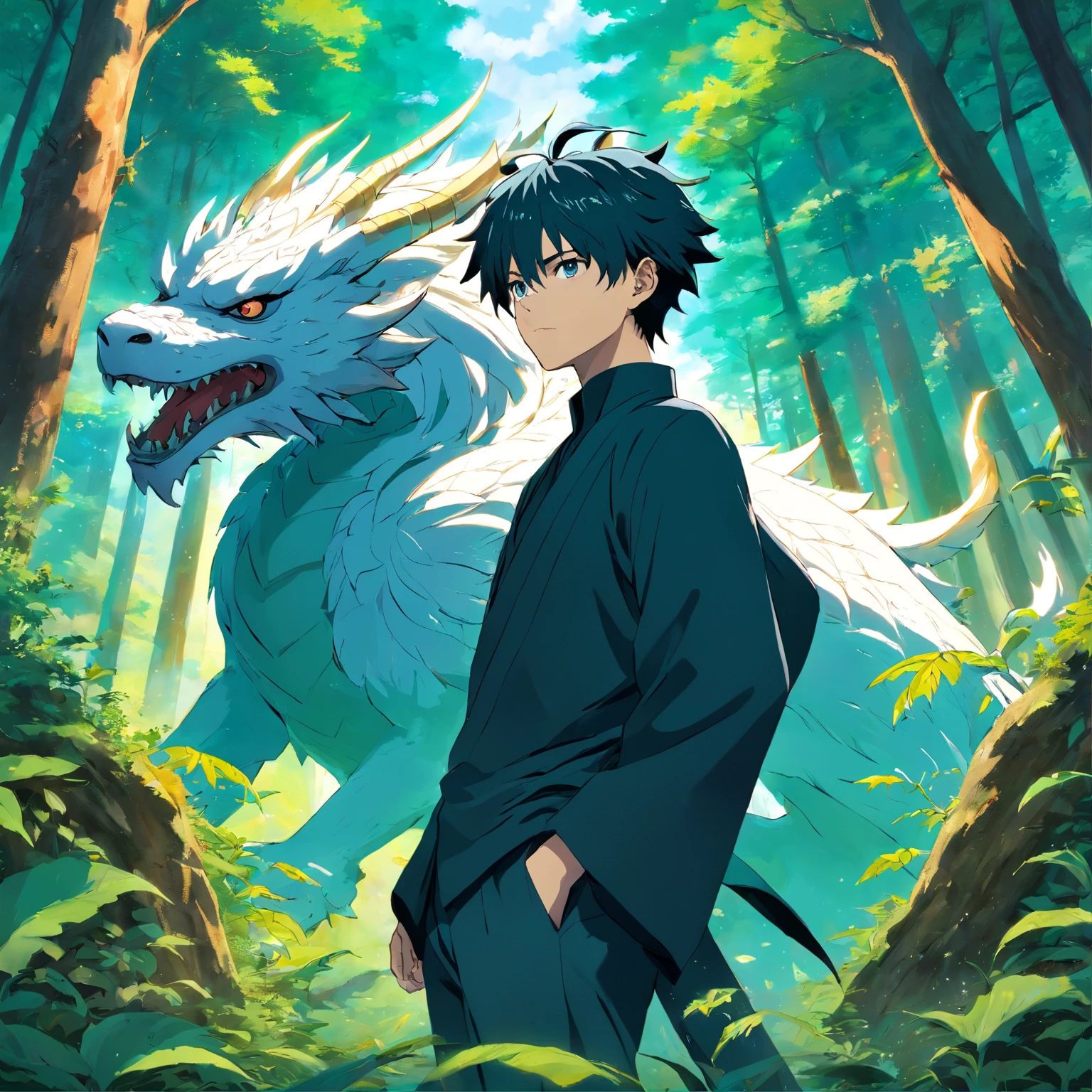 "Generate an intricate and visually captivating illustration of a male character from the 'Jujutsu Kaisen' anime series. The character should have sleek, jet-black hair adorned with striking, electric-blue hair lines, his mesmerizing green eyes exuding an air of mystique. He is dressed in a sleek, all-black attire that conveys a sense of power and enigma.

The character is situated in a lush, mysterious forest with towering trees and vibrant, otherworldly flowers that emit an ethereal glow. In the background, a majestic, white dragon looms, surrounded by an aura of ancient wisdom and magic. The sky above is bathed in golden sunlight, with fluffy, cotton-like clouds adding depth and contrast to the scene.

The overall composition should exude a sense of intrigue and wonder, capturing the essence of 'Jujutsu Kaisen' and the character's enigmatic nature."