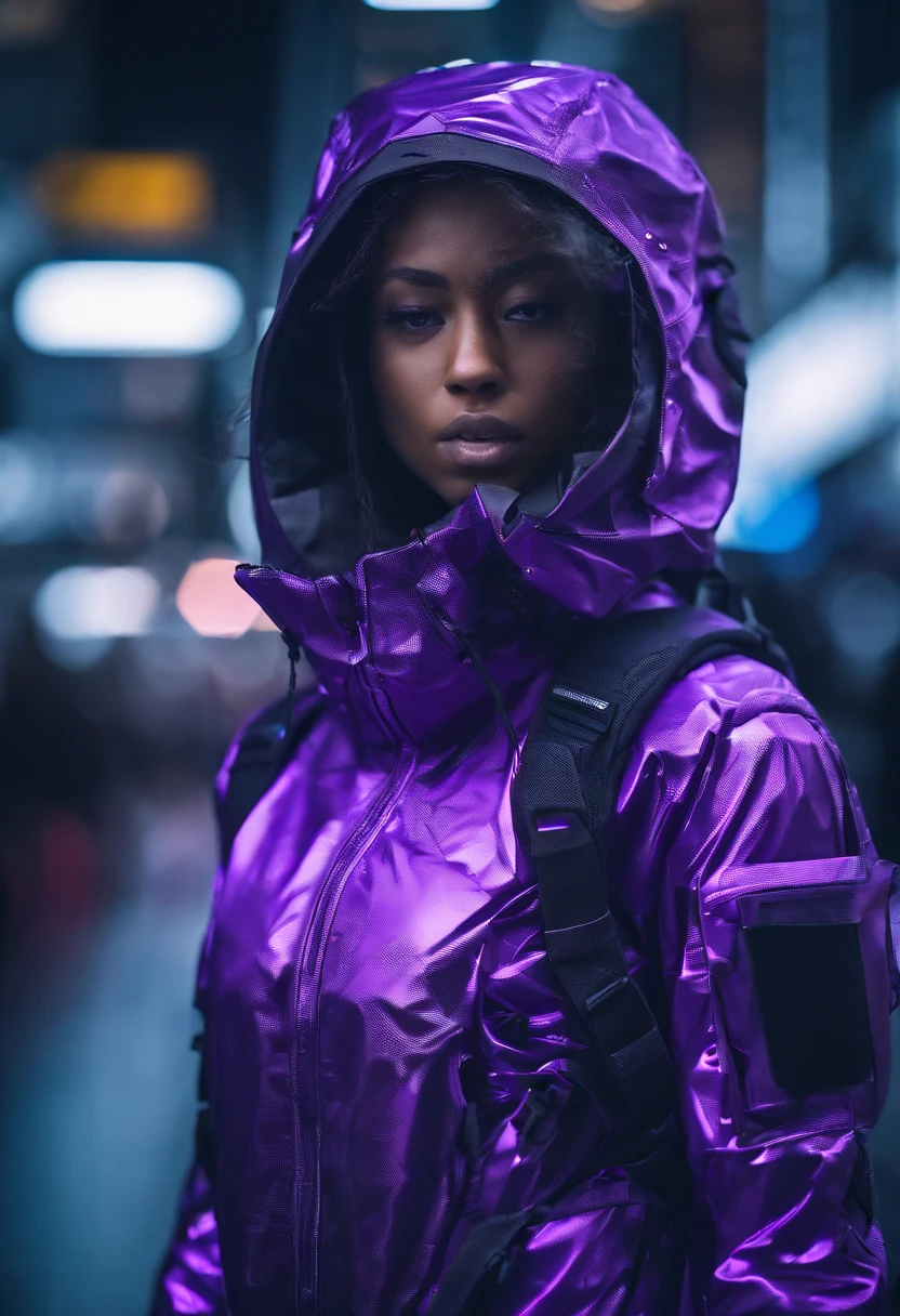a close up of a person in a purple outfit on a city street, Hyperrealism, depth of field, cinematic lighting, vignetting, UHD, masterpiece, ccurate, super detail, best quality, 4K