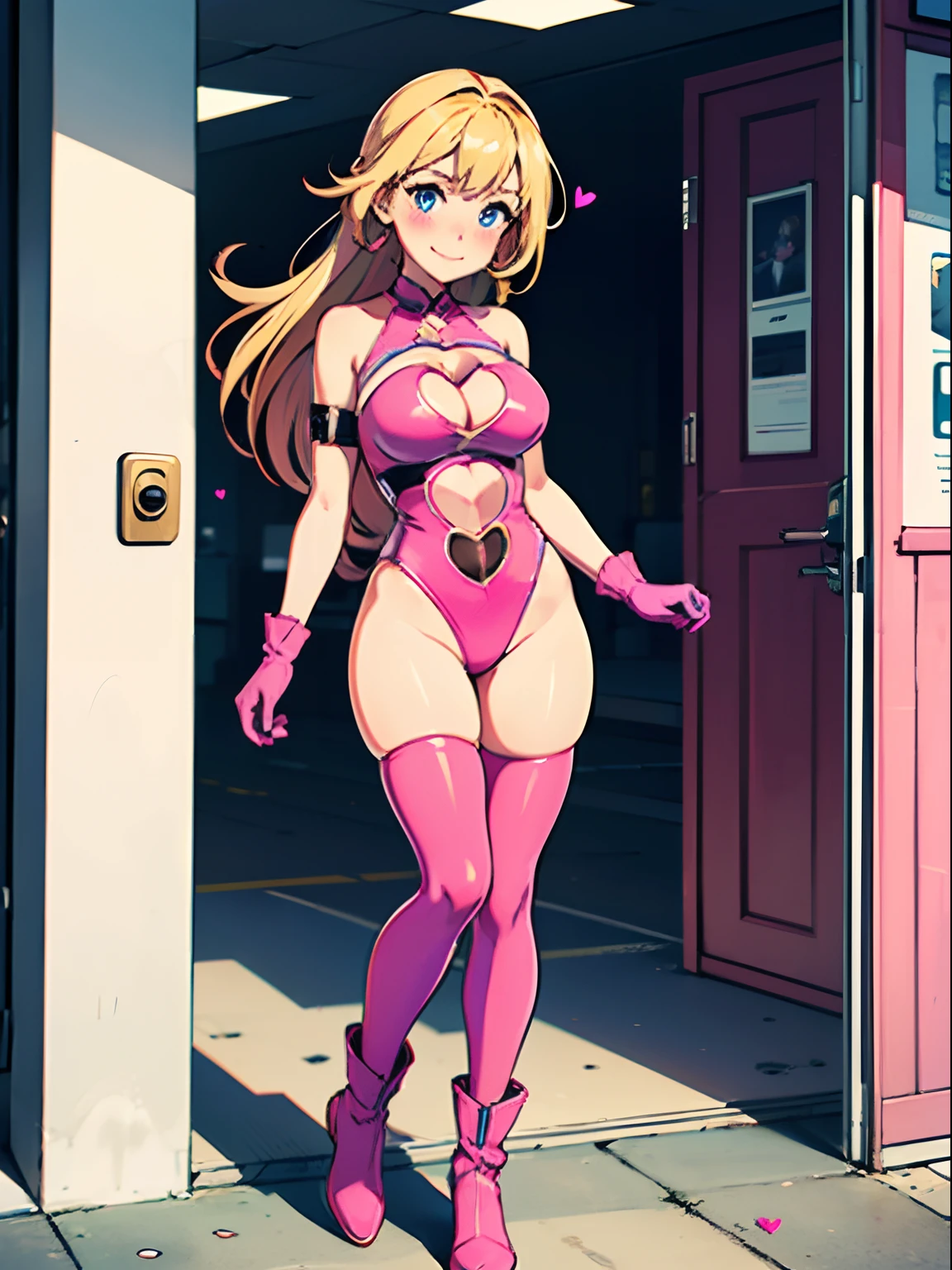 1girl, bangs, bare_shoulders, blonde_hair, blue_eyes, blush, boots, breasts, cardboard_box, cleavage, cleavage_cutout, closed_mouth, clothing_cutout, eyebrows_visible_through_hair, gloves, heart, heart_cutout, large_breasts, leotard, long_hair, looking_at_viewer, pink_footwear, pink_gloves, pink_legwear, ((pink_leotard)), smile, solo, standing