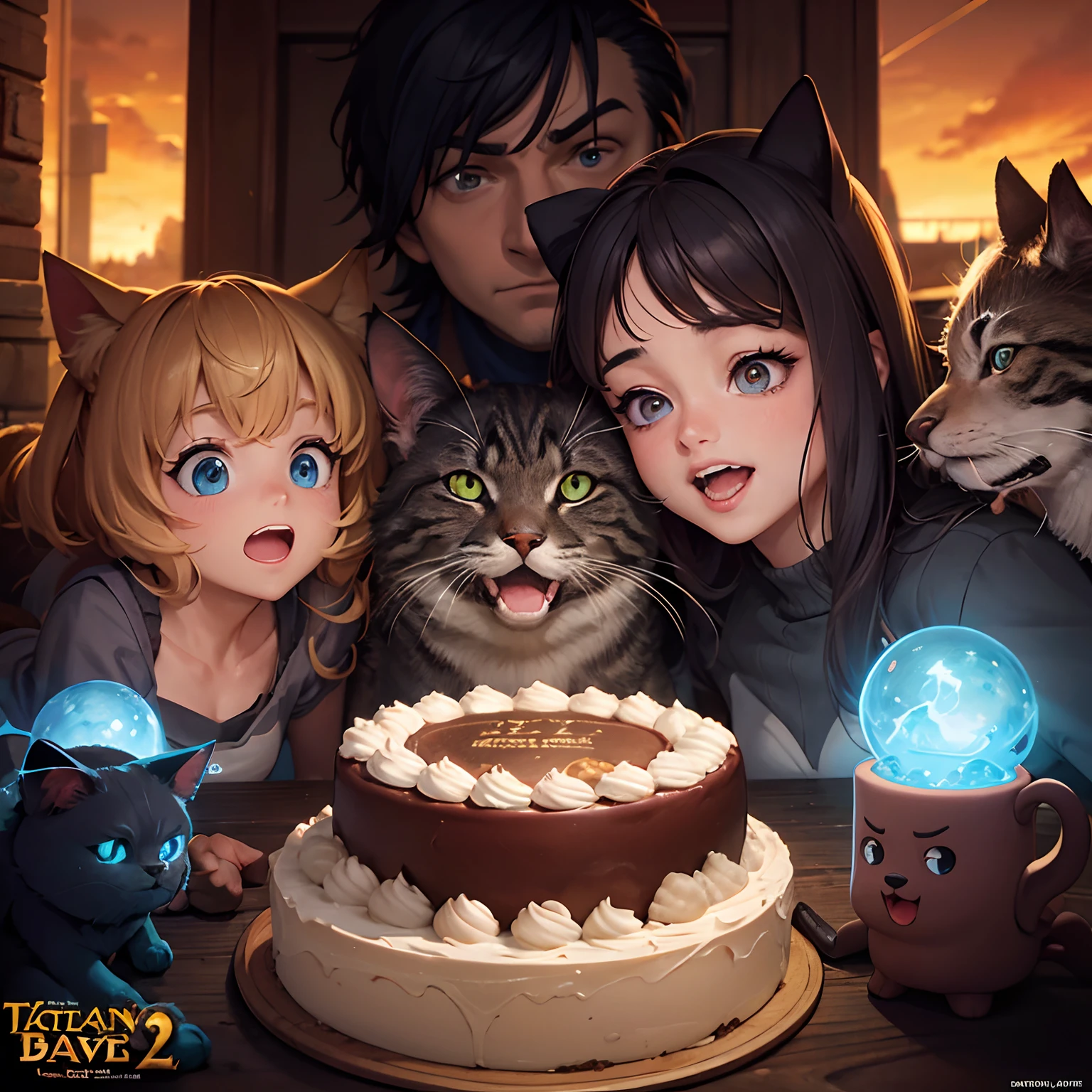 Cartoon style, movie poster style, with only the eyes of a family, a dog, and a cat shining in the darkness, and a delicious-looking cake on the table in front of their eyes. The beginning of the battle.