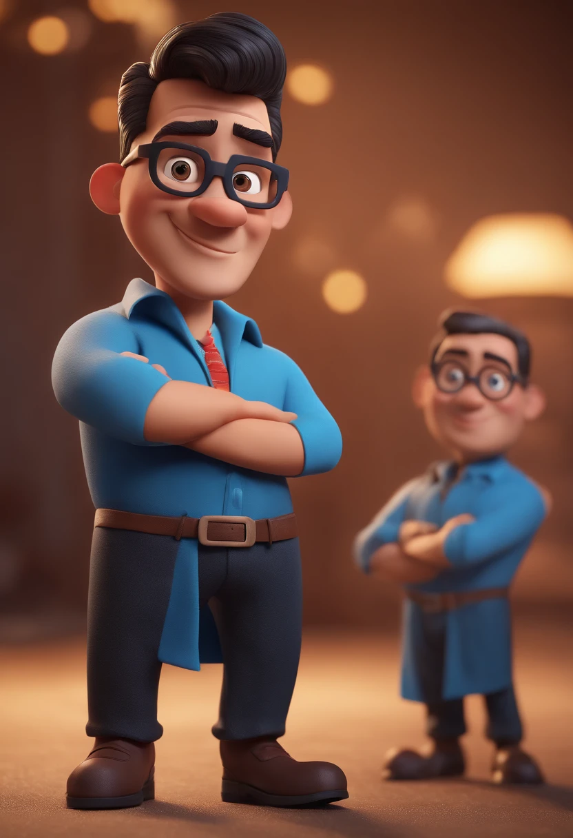 Cartoon character of a man with black glasses and a blue shirt, animation character, Caractere estilizado, animation style rendering, 3D estilizado, Arnold Maya render, 3 d render stylized, toon render keyshot, Personagem 3D, Personagem 3D, 3d rendering stylized, 3 d character render, personagem de desenho animado, Personagem de close up, Pose de personagem, (Estilo Pixar) (master part:1.2) (Bokeh) (best quality) (pele detalhada) (textura detalhada) (8k) (argila) (Cinematic lighting) (foco nítido