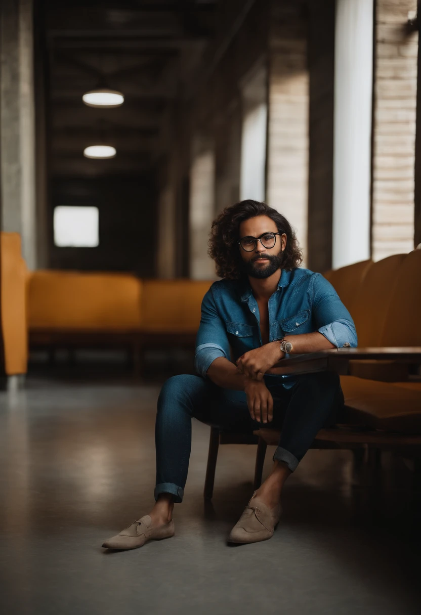 Imagem de um professor de 30 anos alto de pele parda, Round glasses with black frame, cabelo cacheado curto, Denim Jeans Pants, camisa social cinza de manga comprida, na sala de aula com nariz largo