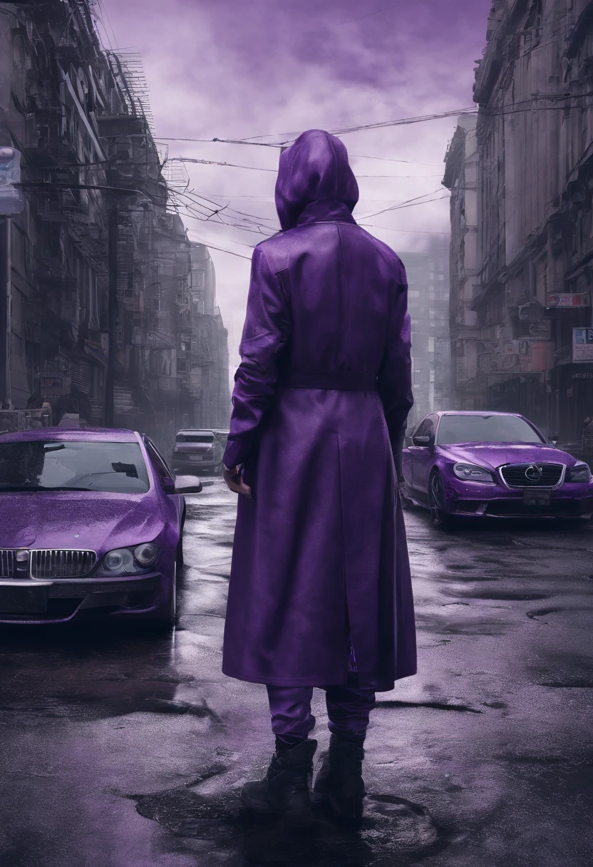 a close up of a person in a purple outfit on a city street, Hyperrealism, depth of field, cinematic lighting, vignetting, UHD, masterpiece, ccurate, super detail, best quality, 4K