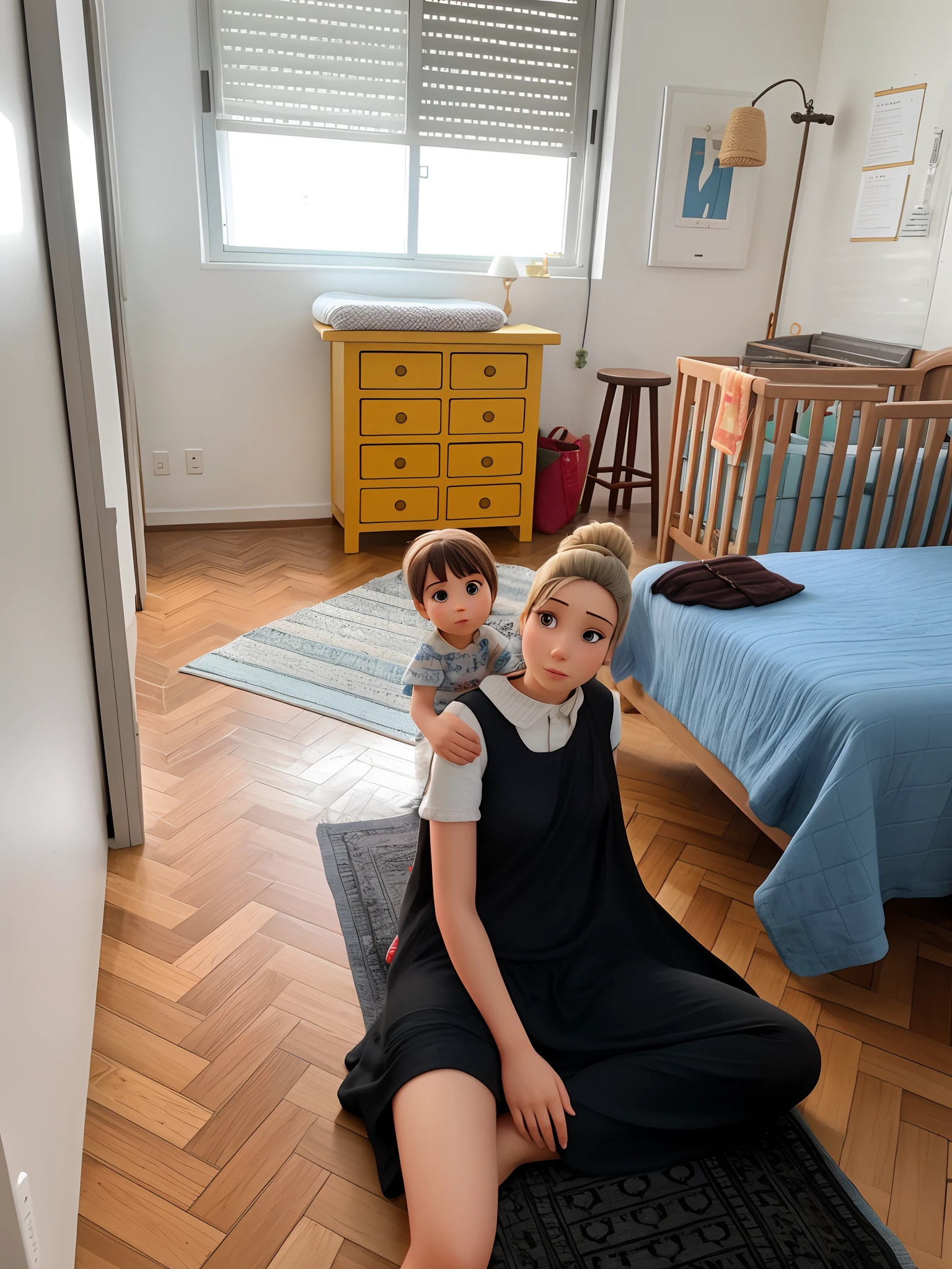 There's a woman and a child sitting on the floor of a room, In Sao Paulo, sao paulo, Malika Favre, with a kid, 3 5 year brazilian mother, Caroline Gariba, Directed by: Nandor Soldier, with tiny people, sentada em seu quarto, São Paulo, Directed by: Caro Niederer, Em casa, Olivia de Bernardinis