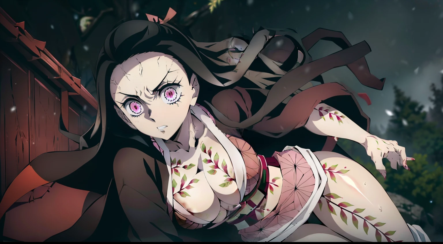 Masterpiece, Best Quality, 1girl, Humannezuko, slight smile, pink kimono, looking a viewer, sitting, potted, closed room, wooden room, wood house, the night, a big moon, perfect light, pink eyes, Sakura, snowing, combat, Battle, Battle, combat pose, (ultra-realistic photography by Nezuko Kamado, Goddesses of Beauty, bright pink eyes, angry, an angry expression, 8K, UHD, Beauty with beautiful breasts, elastic small breasts, sticking out of a kimono, Erotic, with long black hair and orange tips, sexy pink japanese kimono ), (nezuko, nezuko-chan, demon slayer artstyle, Kimetsu on Yaiba), Hentai Female Anime Character, (nezuko, In his demonic form, small breasts, voluminous breasts, sticking out of clothes, Her breasts stick out of her kimono, Demonstration of beautiful pointed breasts), ( She has tattoos in the form of leaves, Walking On Her Sexy Erotic Body), Demon Slayer Fan Art, Owning a kunai, Clean and detailed anime art, a very beautiful woman, Author: Kamagurka, Professional art, Perfect detail, (Nezuko kamado in his demonic form, основан на Demon Slayer kimetsu no yaiba), cleavage
