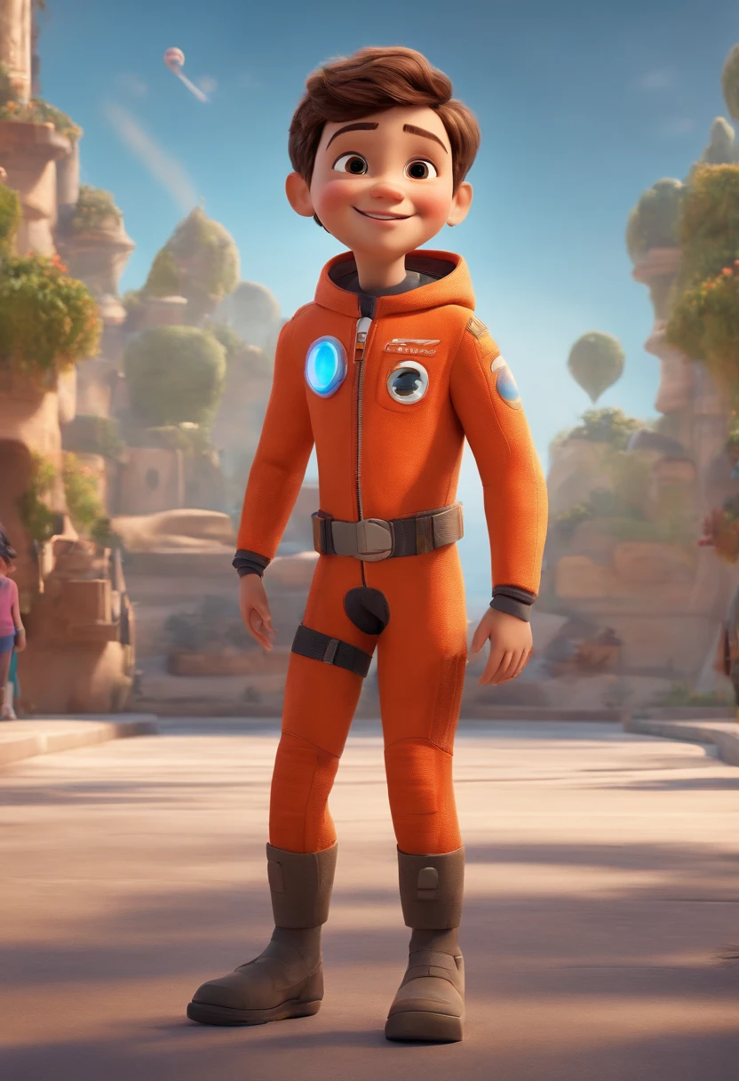 a happy cute ??? standing short hair, vestindo uma fantasia espacial, , fundo branco, barnet, Tom, Estilo Pixar, ....3d, desenhos animados, rosto detalhado, asymmetrical 16k