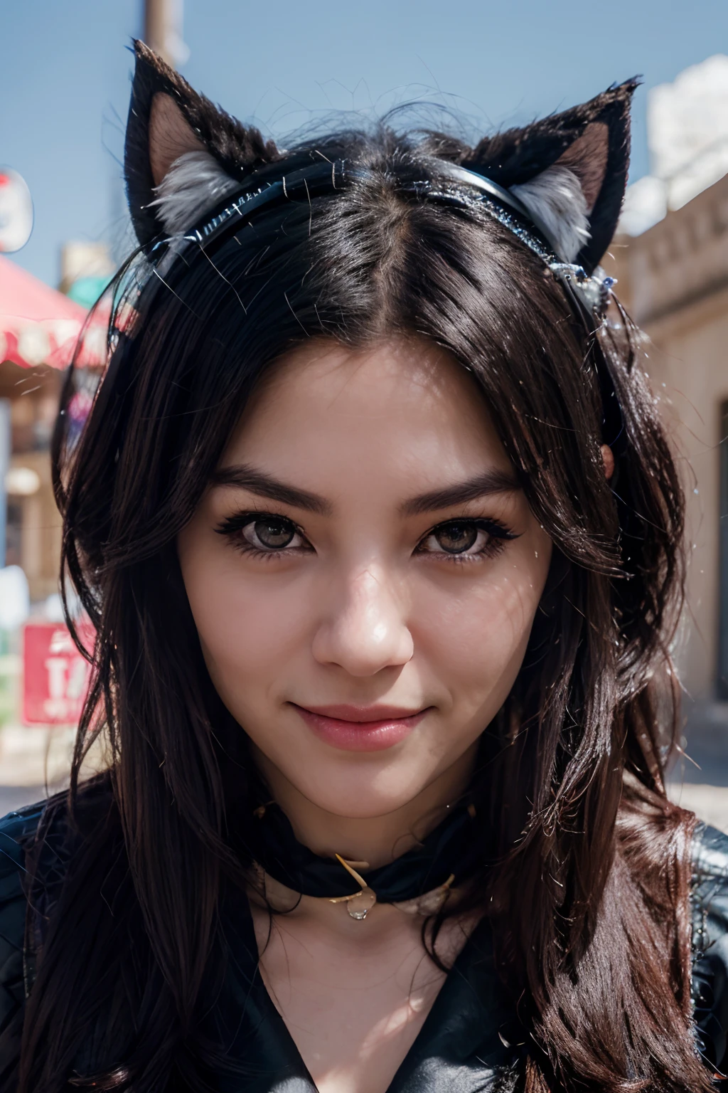 black hair, hair bobbles, wince, longeyelashes, solid circle eyes, fake animal ears, light smile, ear blush, fang, Surrealism, drop shadow, anaglyph, stereogram, tachi-e, pov, atmospheric perspective, Surrealism, 8k, super detail, ccurate, best quality