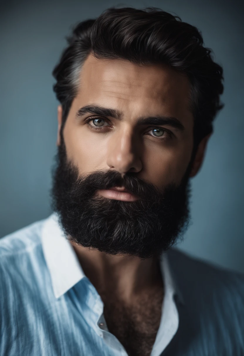 Um homem de 37 anos, branco, olhos castanhos escuro, cabelos preto curto, He doesn't have a beard, usando uma camisa branca com um fundo azul